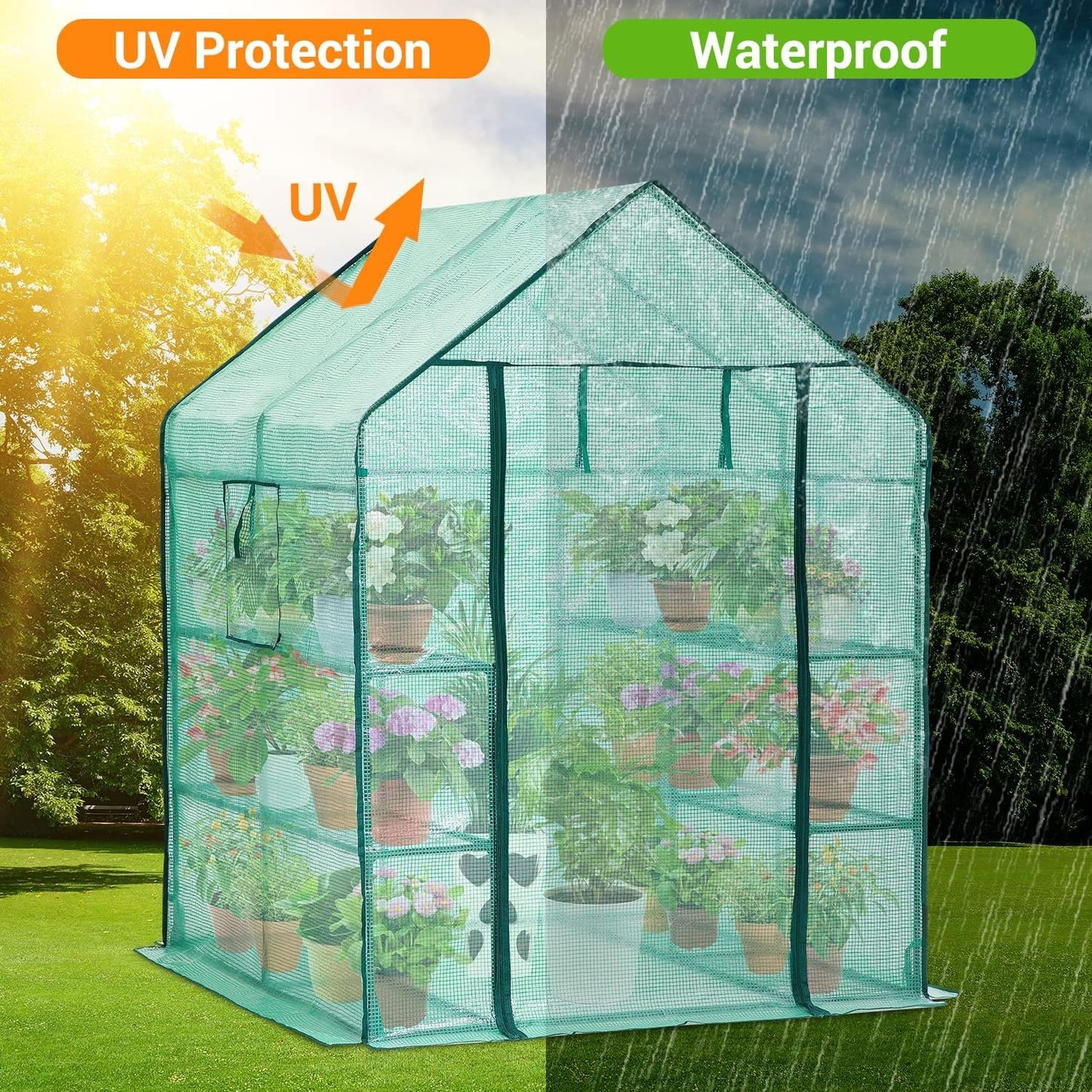 Ohuhu Greenhouse for Outdoors with Shelves, Walk in Green House Plant Growhouse with Heavy Duty Cover, 3 Tiers 12 Shelves Plastic Greenhouse with