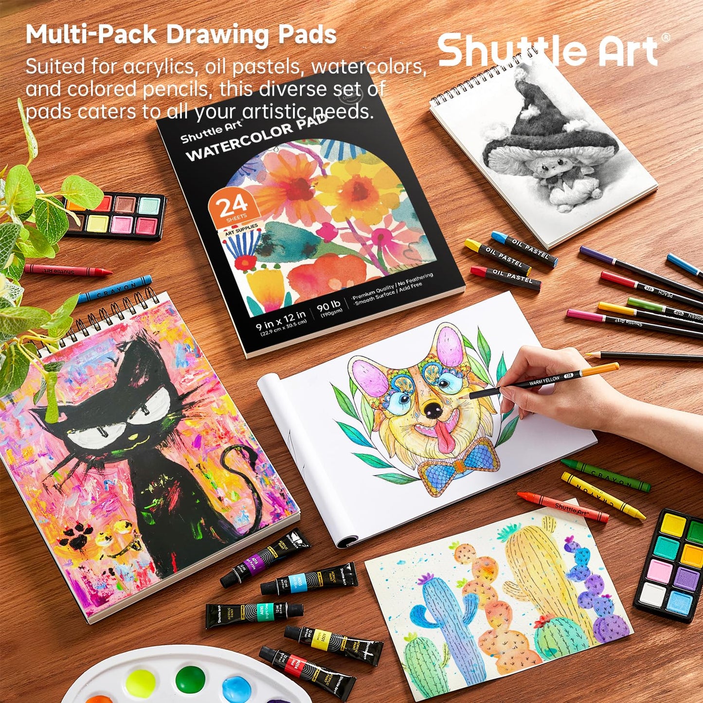 Shuttle Art 186 Piece Deluxe Art Set, Art Supplies in Wooden Case, Painting Drawing Art Kit with Acrylic Paint Pencils Oil Pastels Watercolour Cakes