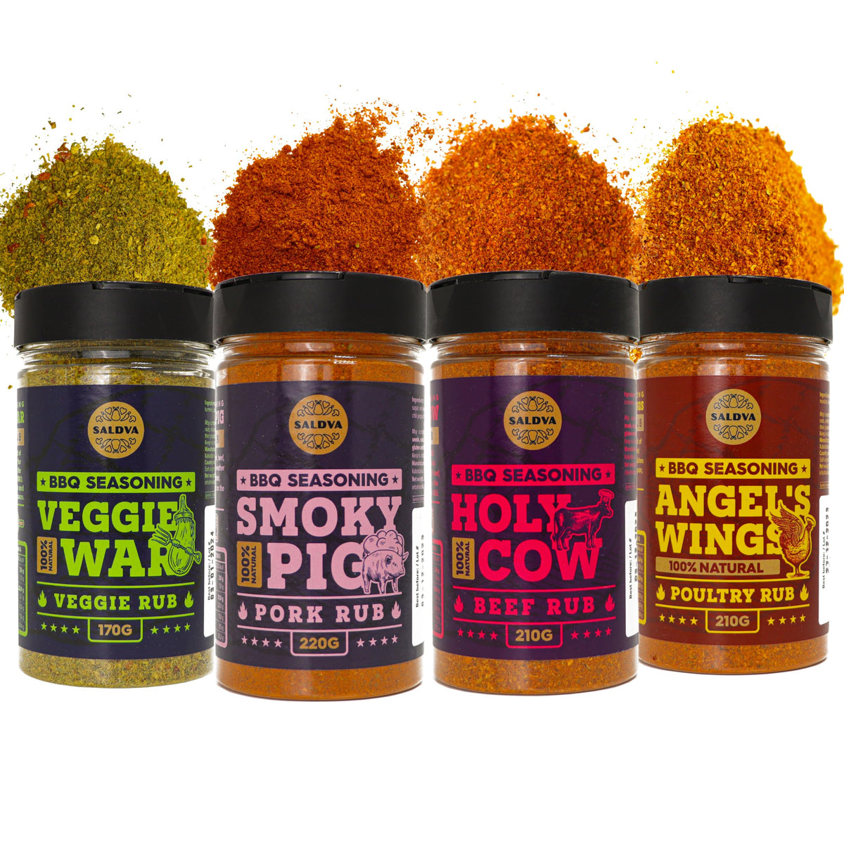 Original Selection of Premium BBQ Seasonings - Holy Cow, Angel?s Wings, Smoky Pig, Veggie War BBQ Rubs | Pack of 4 | 100% Natural | Great Foodie Gift