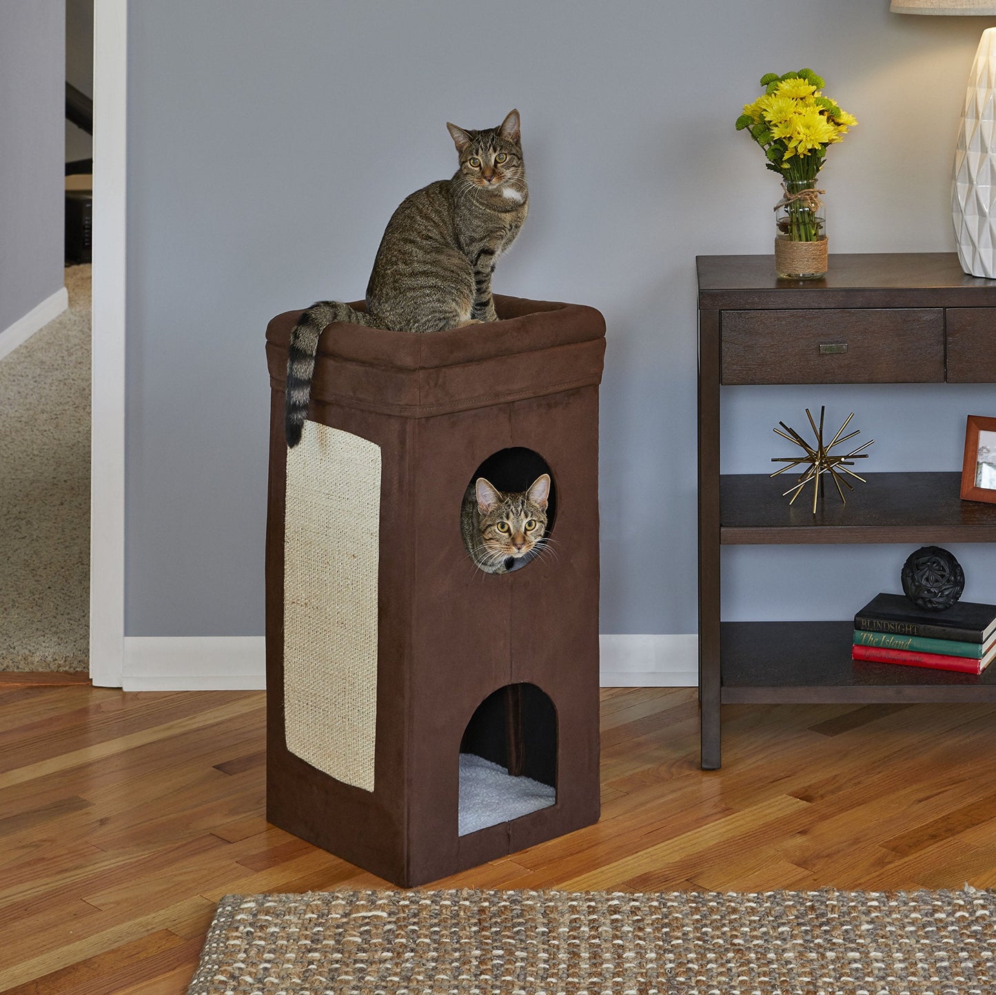 MidWest Homes for Pets Cat Condo; Tri-Level Design in Brown Faux Suede & Synthetic Sheepskin; 37.08L x 37.39W x 77.19H Centimeters; Model 137-BRC