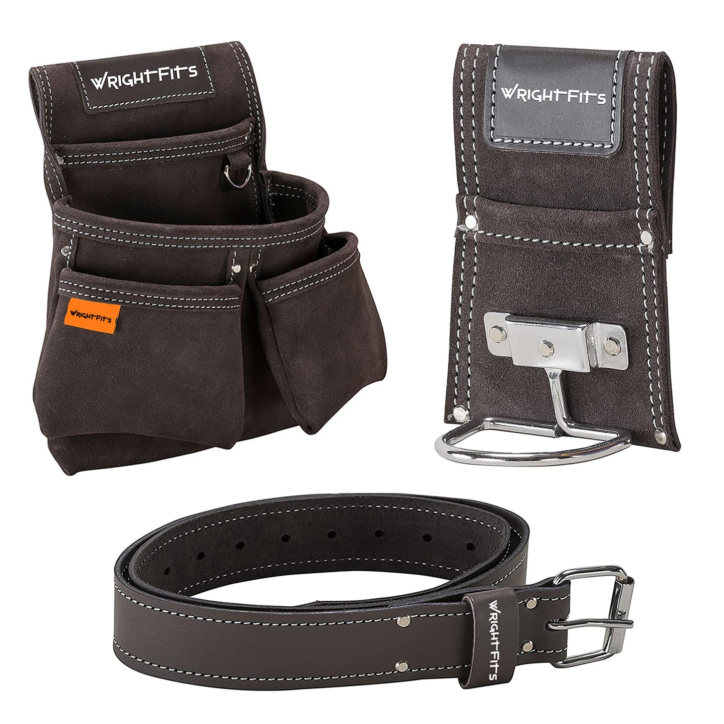 WrightFits Leather Tool Belt Pouch with Multi Pockets | Hammer Loop Drill Holster Work Tool Organiser & Storage with Belt | Adjustable Waist for