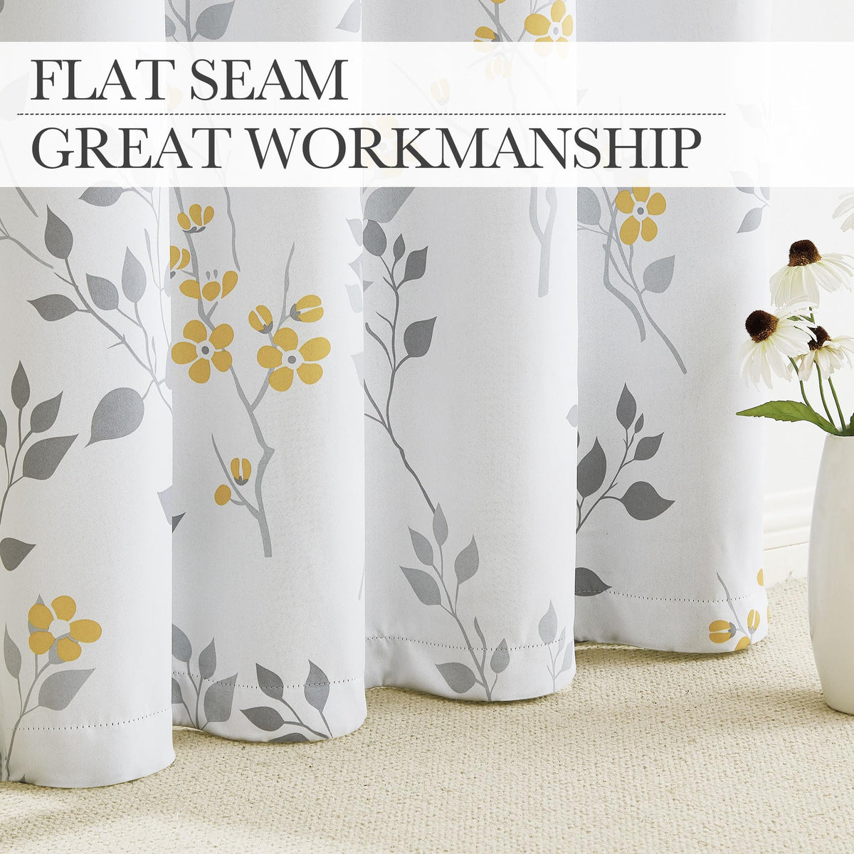 Beauoop Yellow Grey Floral Blackout Curtains for Bedroom Living Room 72 Inch Drop Leaf Print Eyelet Curtain Botanical Thermal Insulated Noise Reducing