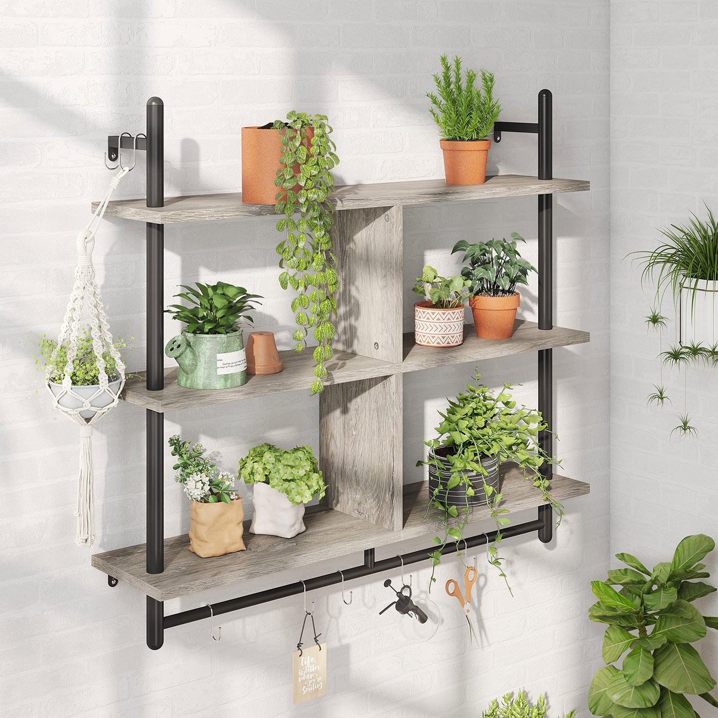 Bestier 3 Tier Floating Pipe Shelving 115CM Industrial Wall Mounted Ladder Shelf Hanging with Circular Tube with Hooks Wood Display Storage Home Decor