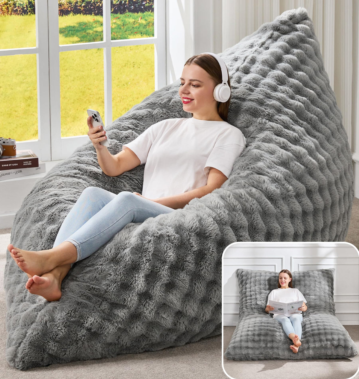 Hobestluk Adult Bean Bag Chair 3 in 1 Convertible Large Bean Bag Sofa