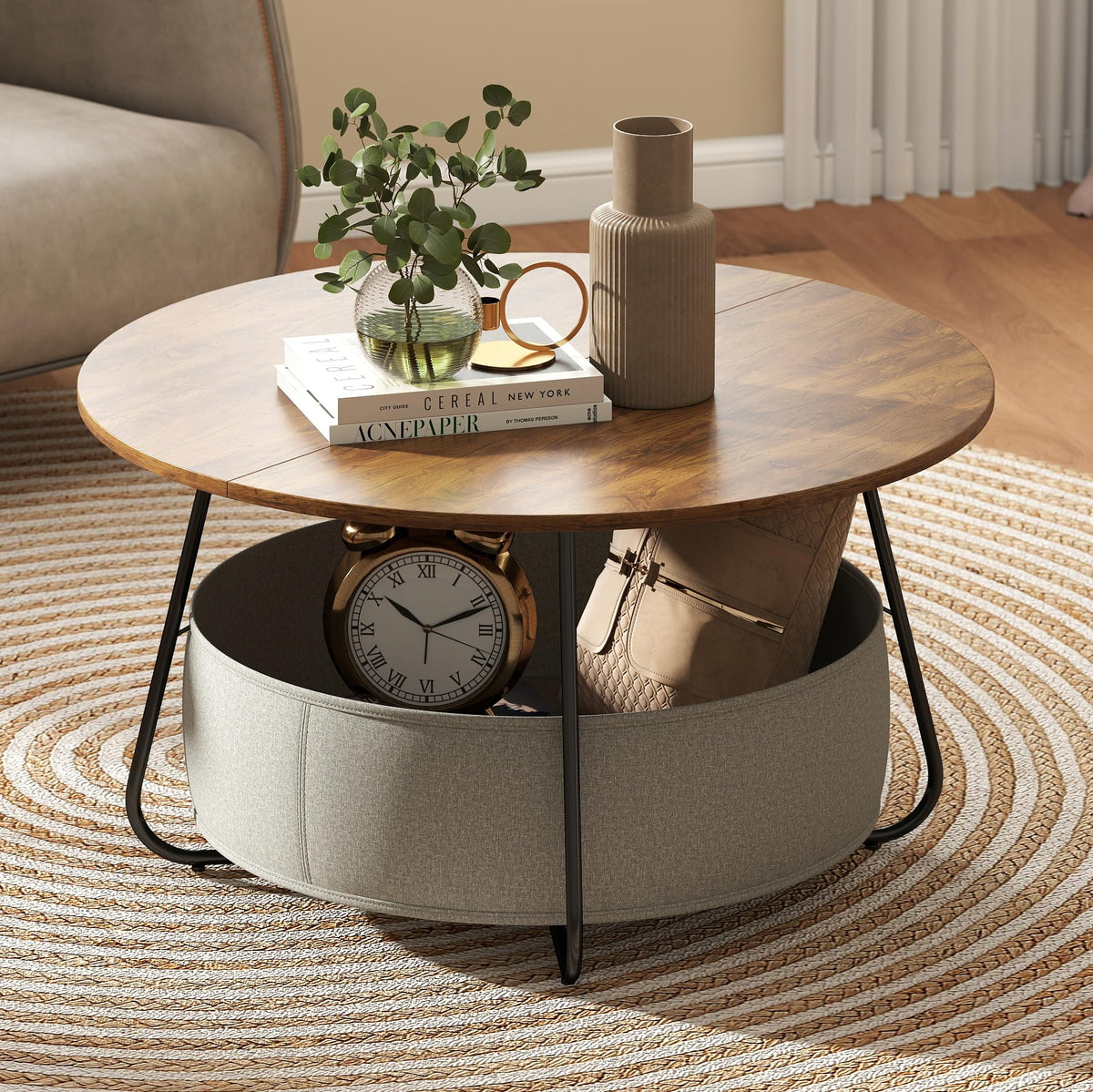 Manora Rustic Brown Round Coffee Table with Storage 31" Fabric Basket