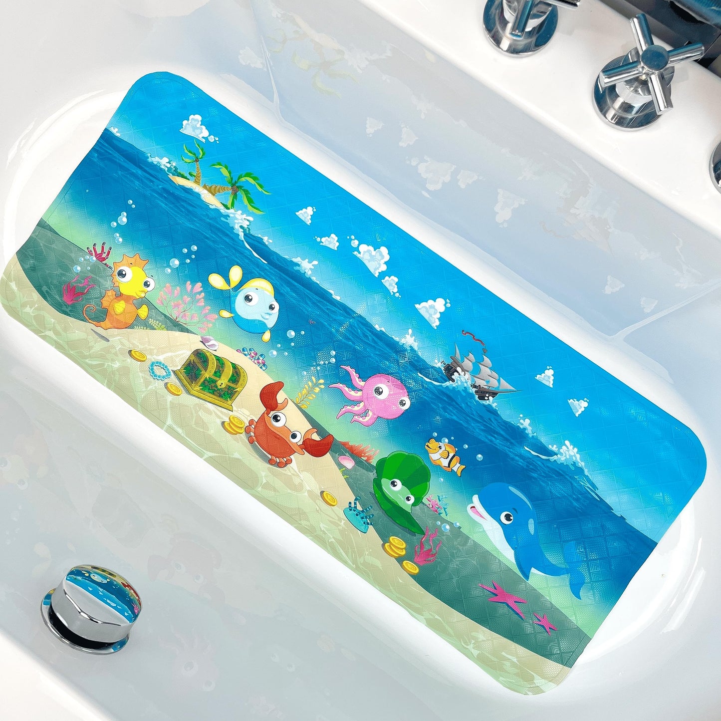BOPPIE PVC Bath Mat Large Rectangle Non-Slip Shower Mat for Kids with Funny Cartoon Characters and Hundreds of Suction Cups
