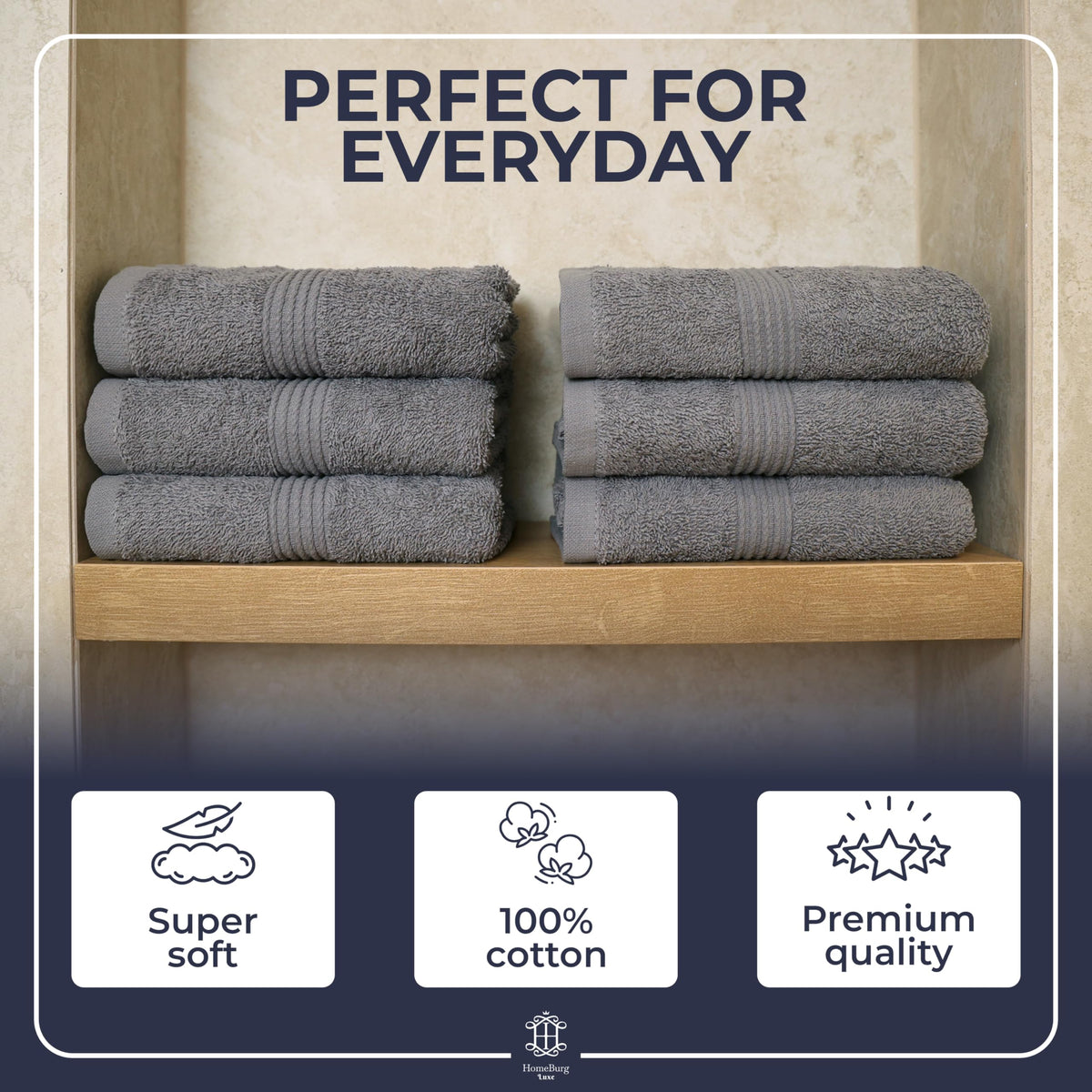 HomeBurg Luxe 6-Piece Towel Set – Soft & Absorbent Cotton, Quick-Drying, Easy Care, 40 x 70 cm, Stone Grey
