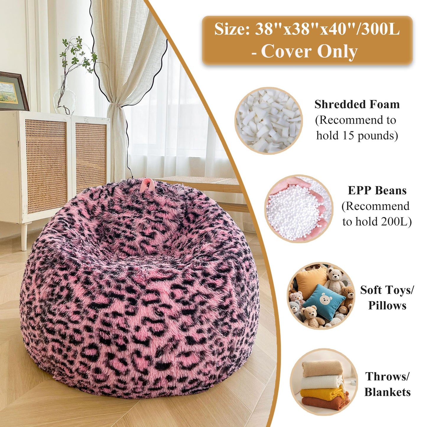 XeGe Faux Fur Leopard Print Bean Bag Chair Cover(No Filler), Black and Pink