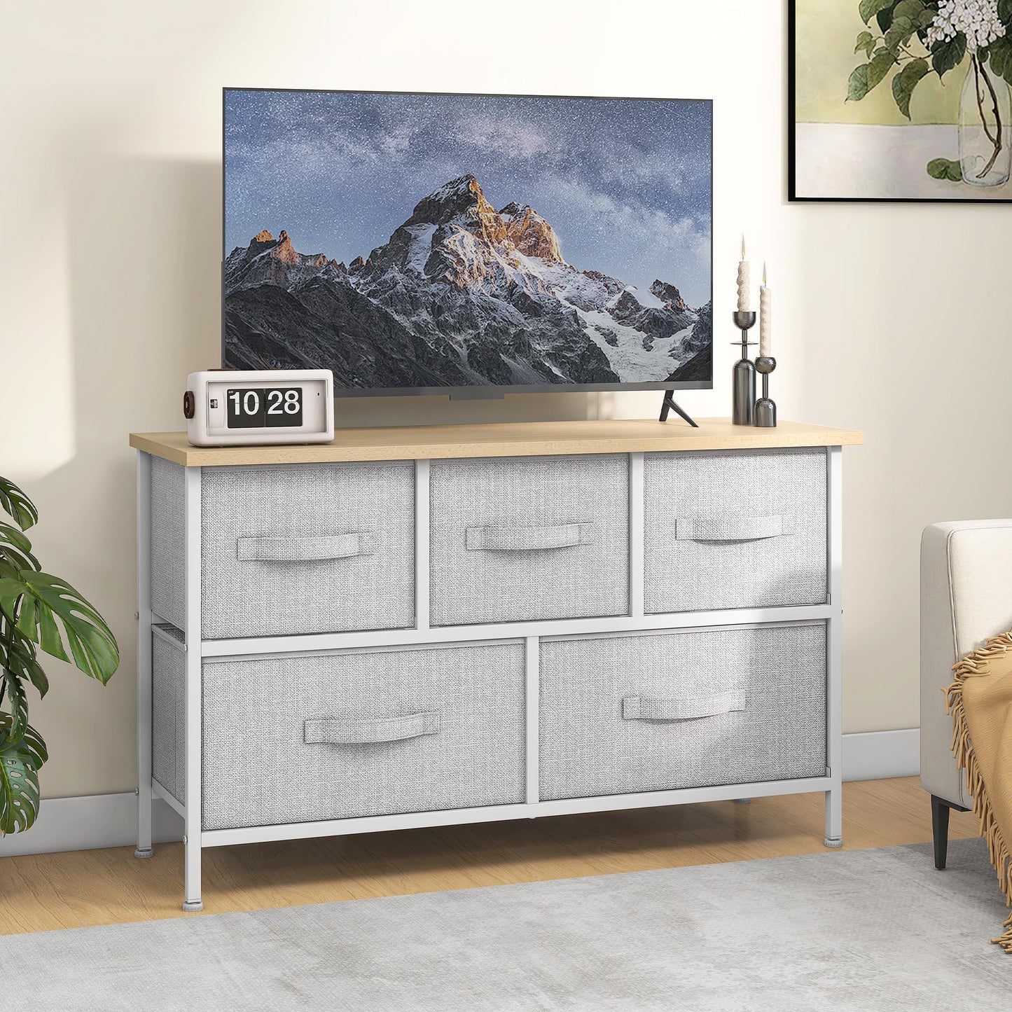 DWVO Chest of Drawers, 5 Fabric Drawers Bedroom Cabinet,Dresser for Bedroom,Living Room With Handles,Wood Top and Sturdy Steel Frame, Light Grey