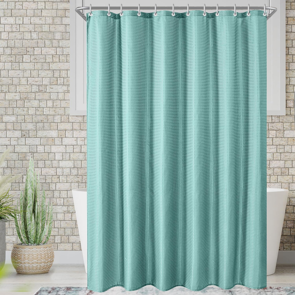 Lerores Shower Curtain, 180 x 200 cm, Waffle Light Blue, Weighted Hem, Anti-Mould Textile, Water-Repellent