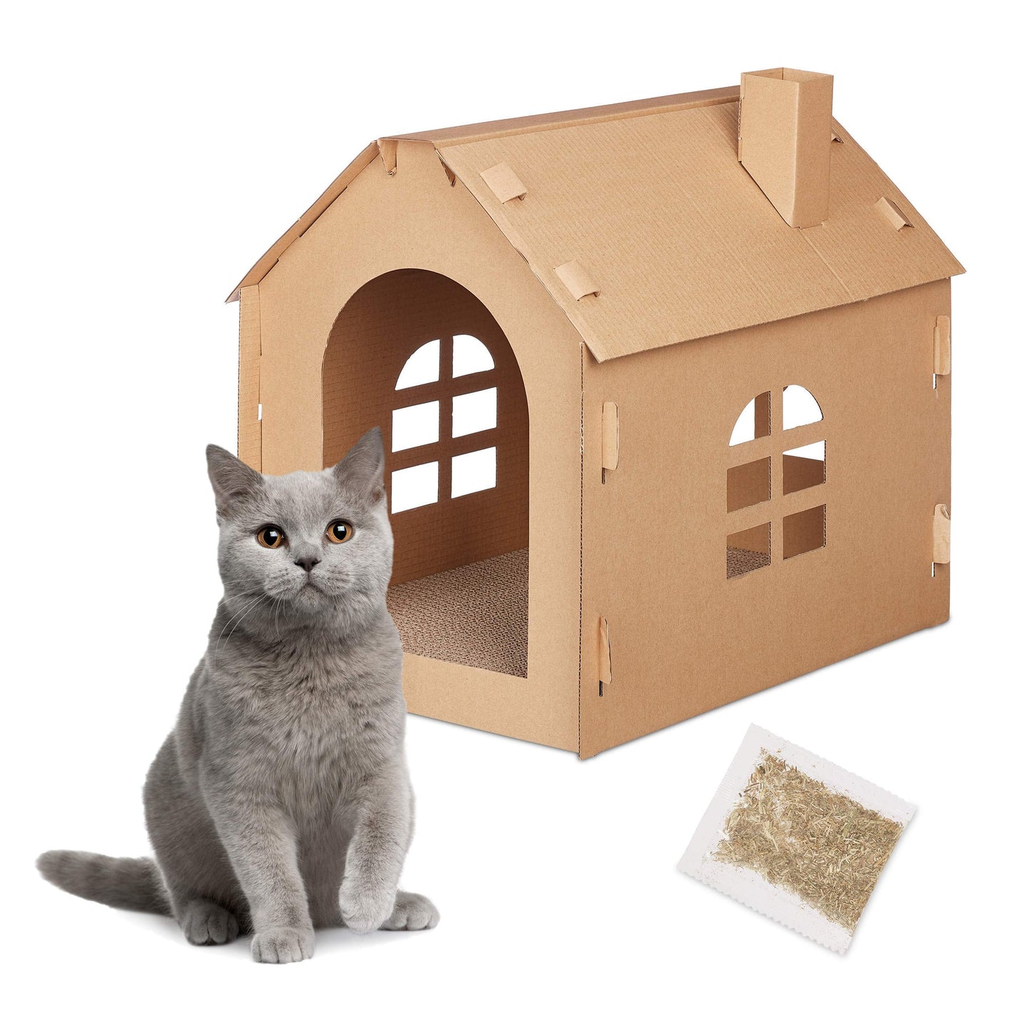 Relaxdays Cat House Cardboard, Kitten Cave Scratching Board, Easy Assembly, Incl. Catnip, 46 x 36.5 x 42.5 cm, Brown