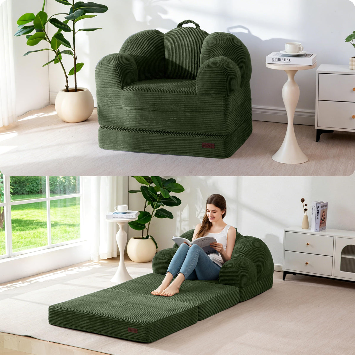 MAXYOYO Folding Sofa Bed with Backrest, Floral Shaped 2 in 1 Convertible Sofa to Comfy Faux Fur Bean Bag Chair for Adults
