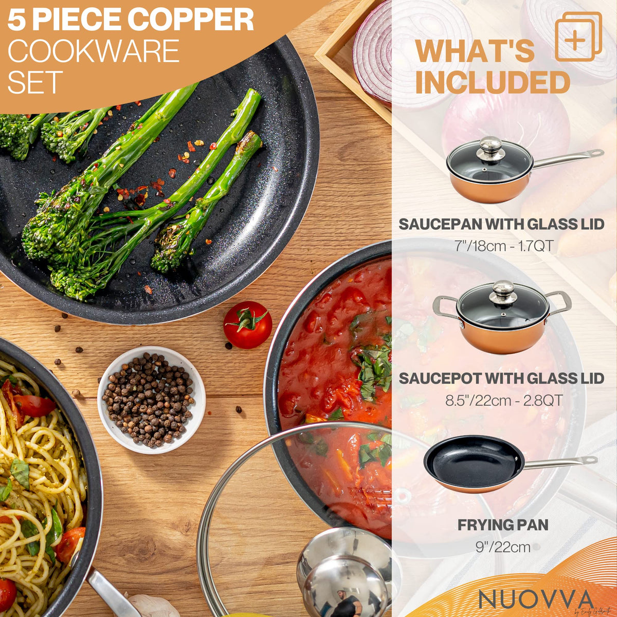 Non-Stick Cooking Pans and Pots Set - 5 pcs Oven Safe Copper Cookware - Induction Hob Saucepan Pots with Lids - Kitchenware Frying Pan - by Nuovva