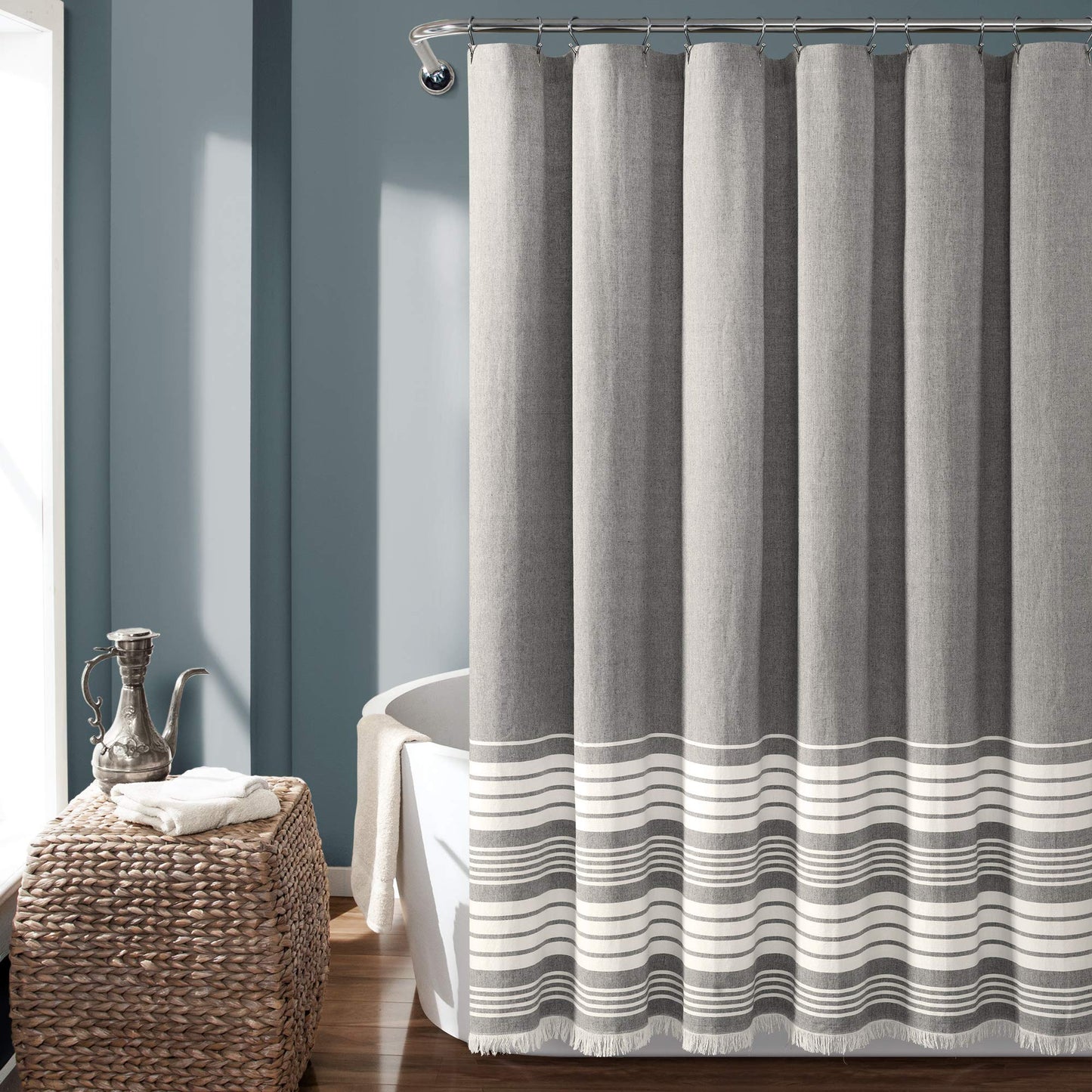 Lush Decor, Gray Nantucket Yarn Dyed Cotton Tassel Fringe Shower Curtain, 72" x 72", 16T004620