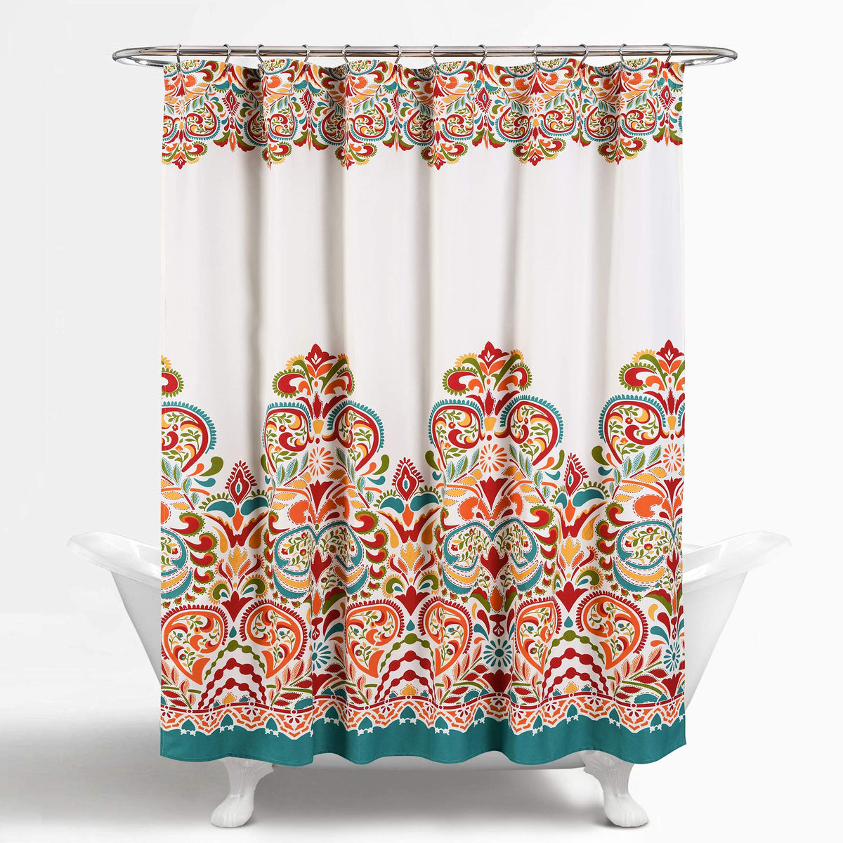 Lush Decor Clara Shower Curtain-Fabric Colorful Boho Paisley Damask Print Design, 72? x 72?, Turquiose & Tangerine
