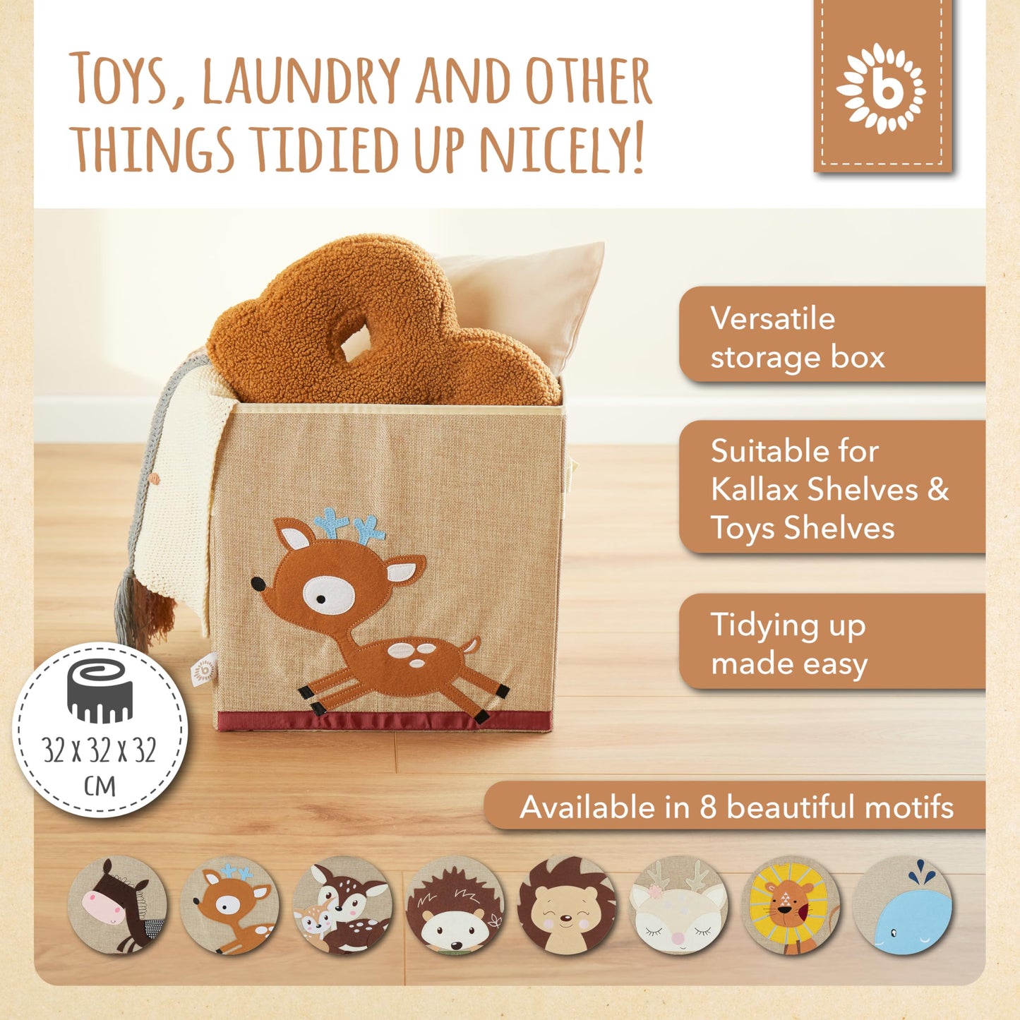 BIECO Kids Storage Box | Deer Design 36L Foldable Fabric Toy Box | Storage Cubes for Kallax Shelf | 33x33x33cm | Toy Organiser | Kallax Basket