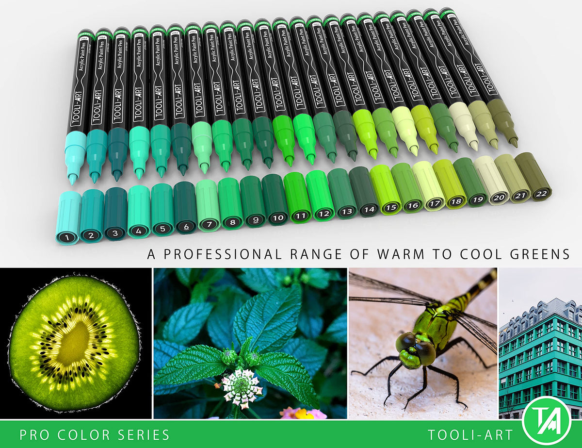Acrylic Paint Pens 22 Green Tones Assorted Pro Colour Series Markers Set 0.7mm Extra Fine Tip for Rock Painting, Glass, Mugs, Wood, Metal, Canvas,
