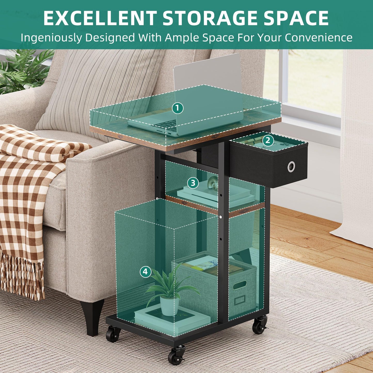 YITAHOME 2PCS Bedside Table, C-Shaped Side Table with Drawer and Wheels
