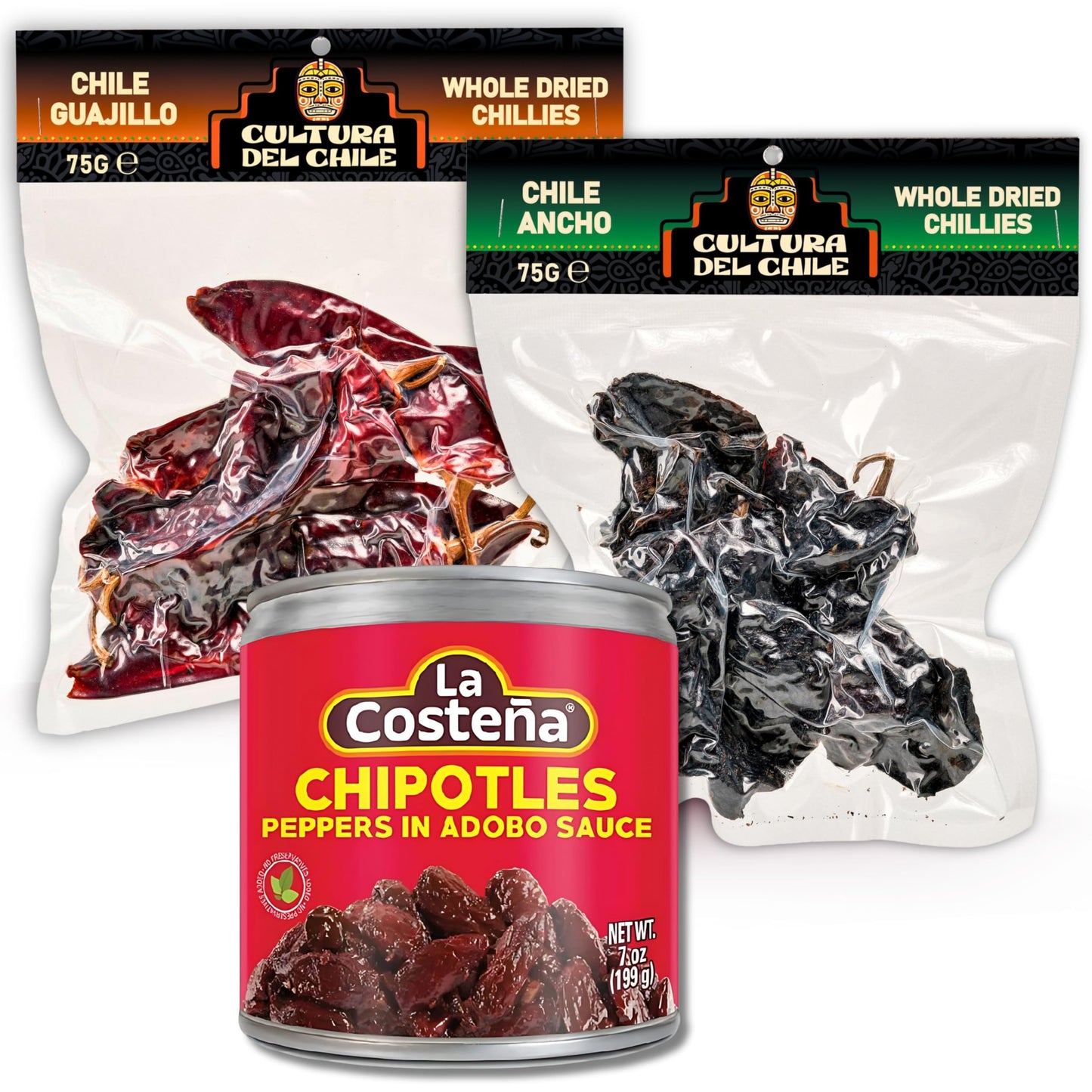 Mexican Chilli Bundle - 3-Pack of 75g Cultura Del Chile Dried Chillies: Ancho, Guajillo & La Costena Chipotle in Adobo 199g - Authentic Mexican