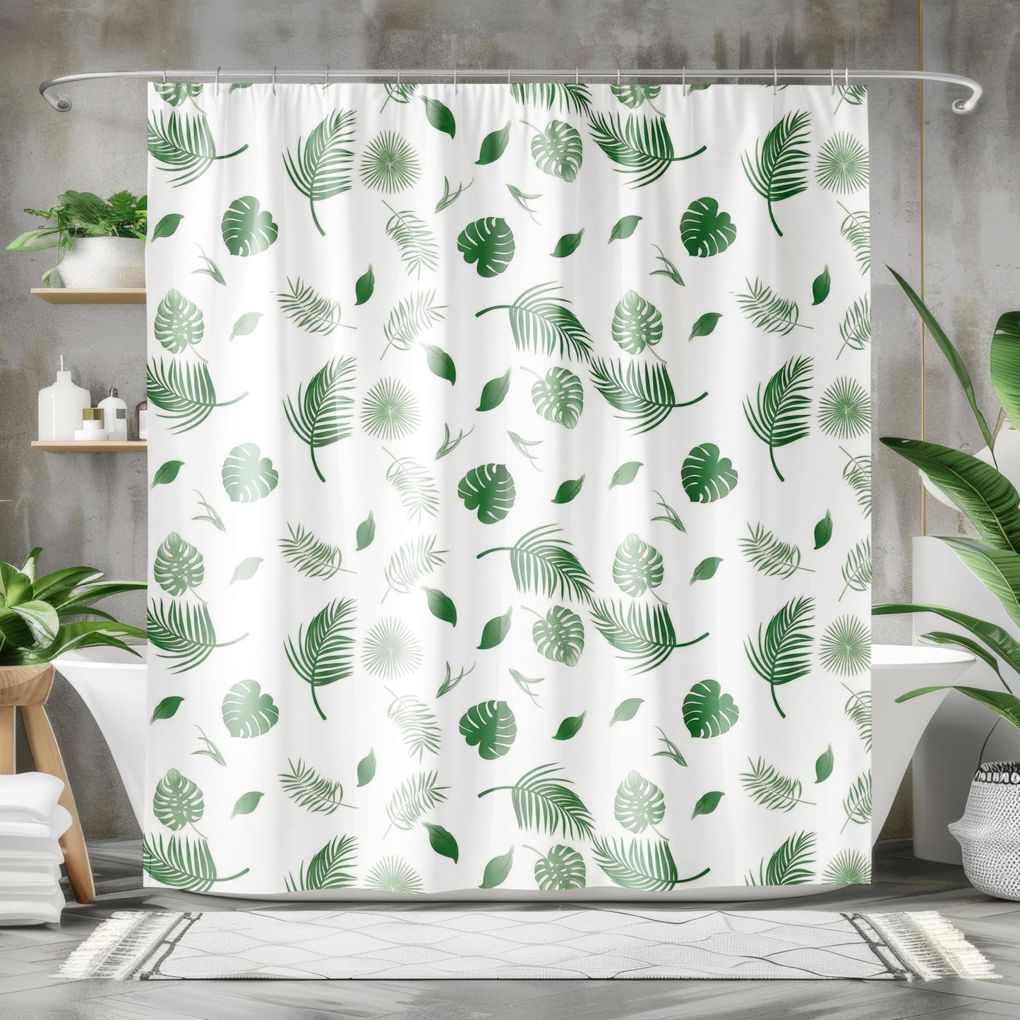 BANLMEYD Shower Curtain Mould Proof Resistant Green Leaf, Premium PEVA Waterproof Shower Curtain