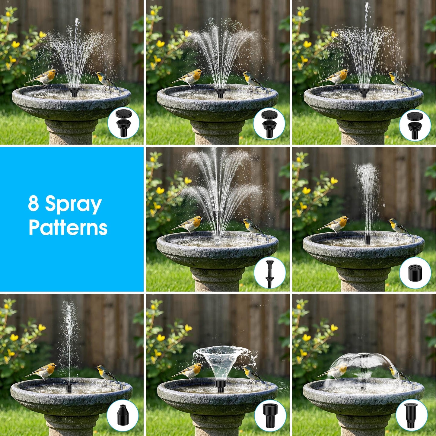 Billing Solar Pond Foundtain with Battery Backup, 8W 300L/H Solar Water Pump with 3600 mAh Battery Backup Filter Solar Water Feature Pump with DIY 5ft