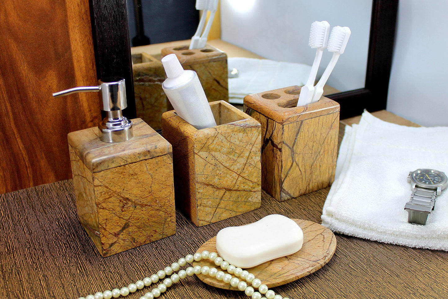 KLEO - Bathroom Accessory Set made from Natural Stone - Bath Accessories set of 4 includes Soap Dispenser, Toothbrush Holder, Tumbler and Soap Dish