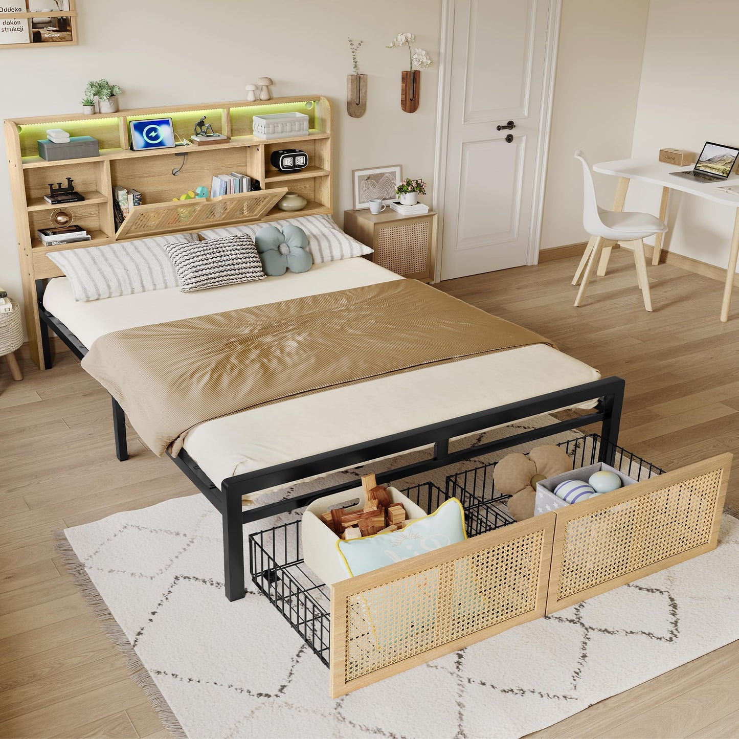Merax 4ft6 Wooden Bed Frame LED Double Bed Platform Bed 135x190cm,Charging Port, PE Rattan Drawer with Wheels,MDF + Iron,Wood Colour (NO Mattress)