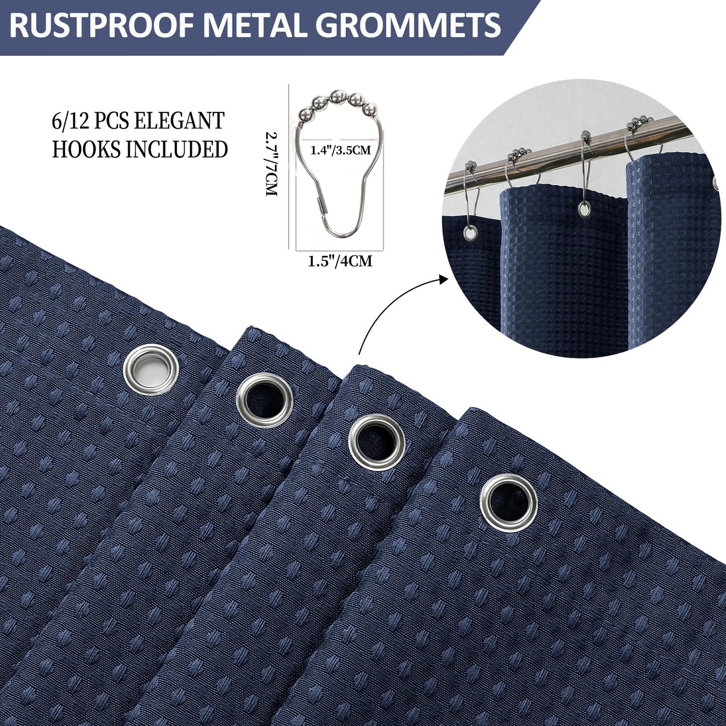 FY&XZH Heavy-Duty Waffle Weave Shower Curtain with Stainless Steel Hooks, Thick Fabric for Bathroom, Hotel, Spa & Salon-183 x 198cm (Navy Blue)