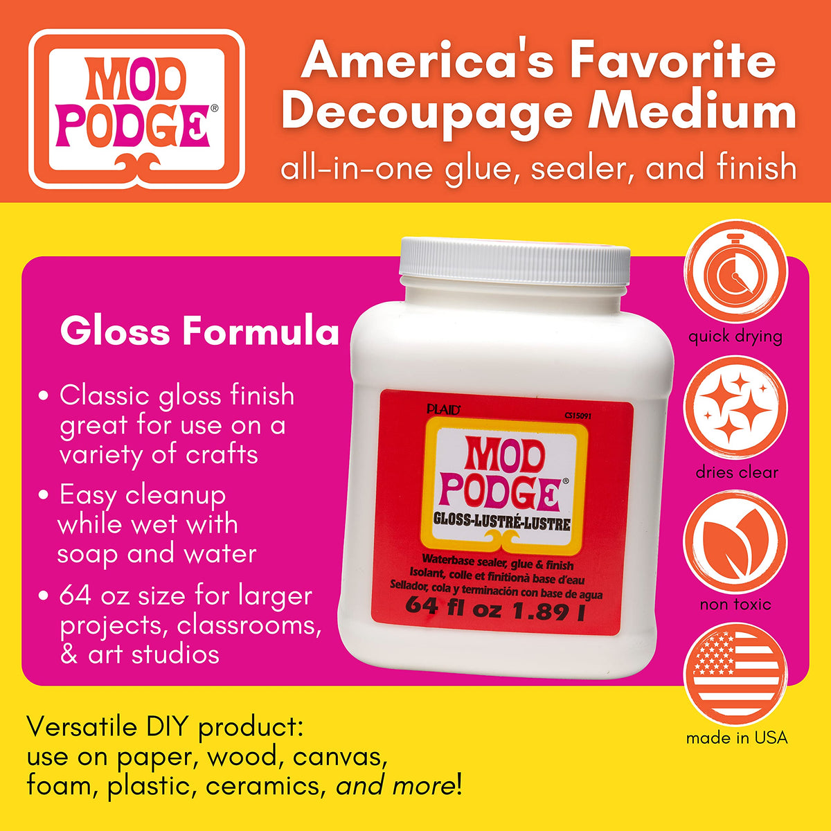 Mod Podge Gloss Waterbase Sealer, Glue and Finish - 64 oz