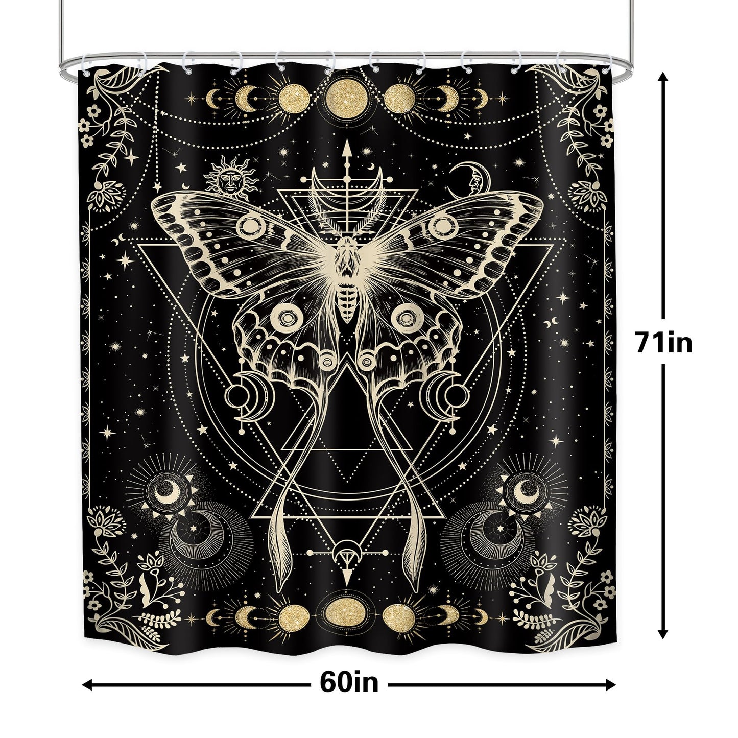 LGhtyro Gold Moth Shower Curtain 60Wx71H Inch Moon Phase Shower Curtain Bathroom Set Gothic Black Butterfly Moonlit Bath Curtain Witchy Tarot