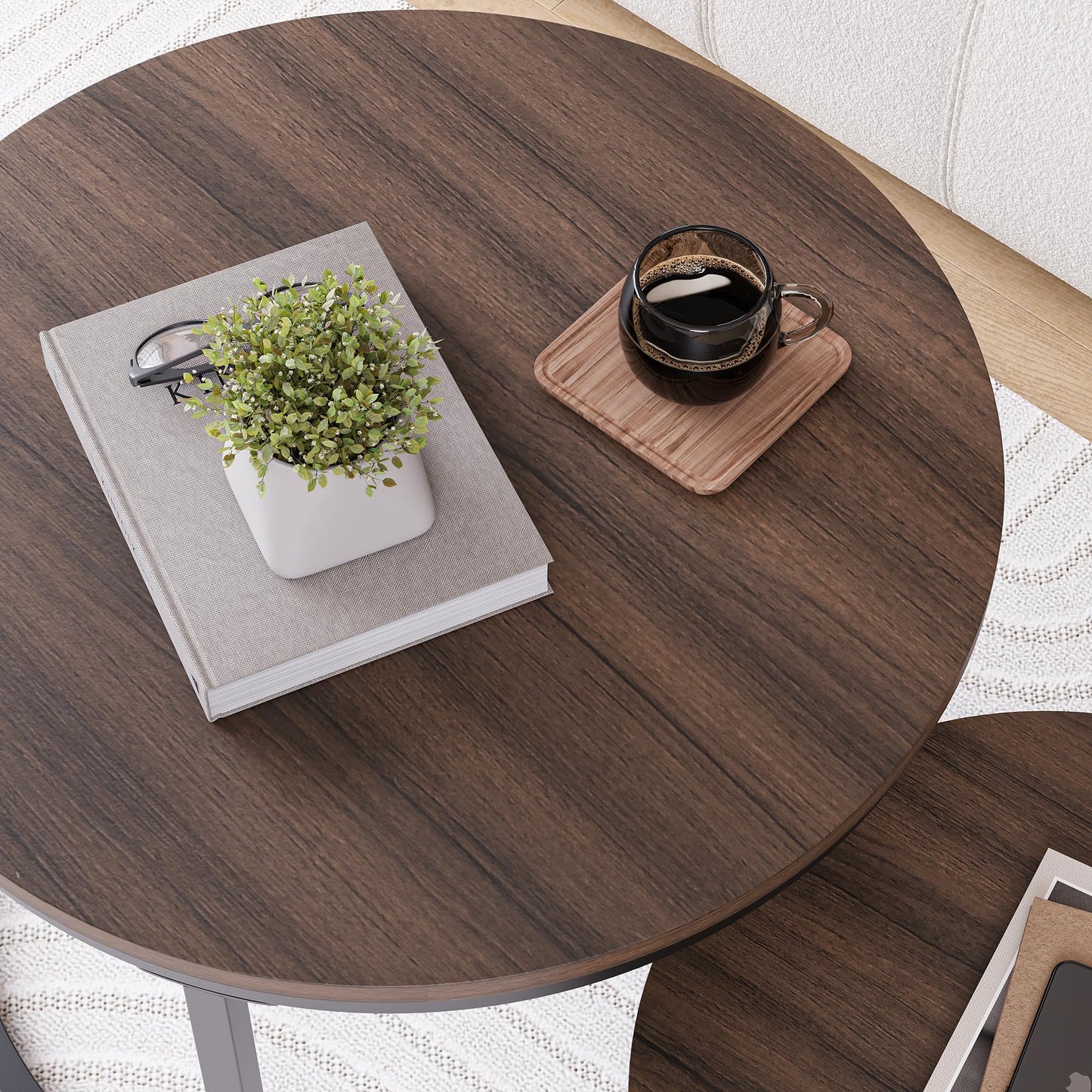HOJINLINERO Round Nesting Coffee Table Set of 2,Stacking Sofa Side Table End Table, for Living Room, Bedroom, Office, Balcony, Apartment (Walnut)