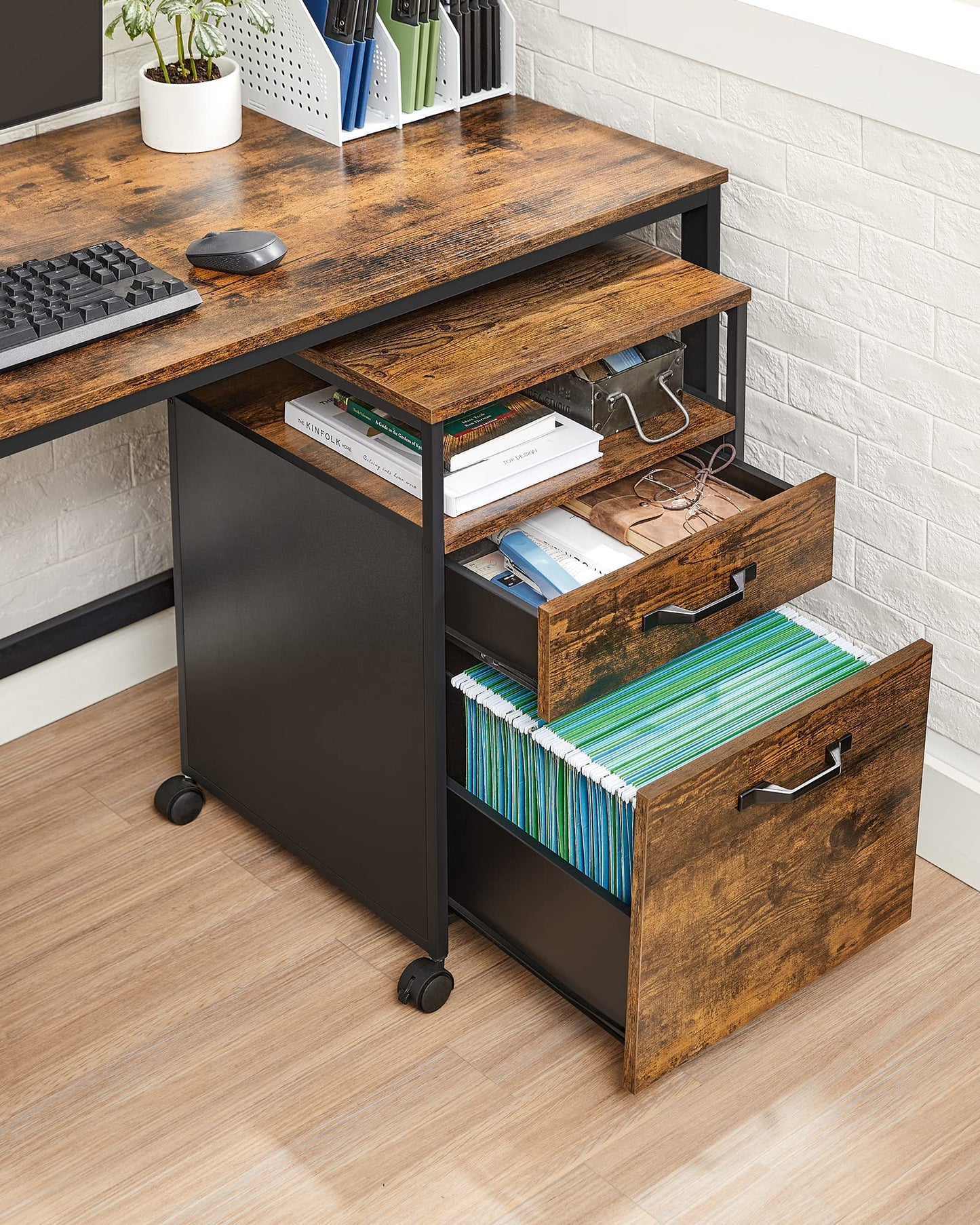 VASAGLE Mobile File Cabinet with 2 Drawers, Letter-Size Hanging File Folders, Open Shelf, Steel Frame, Rustic Brown and Ink Black OFC71X
