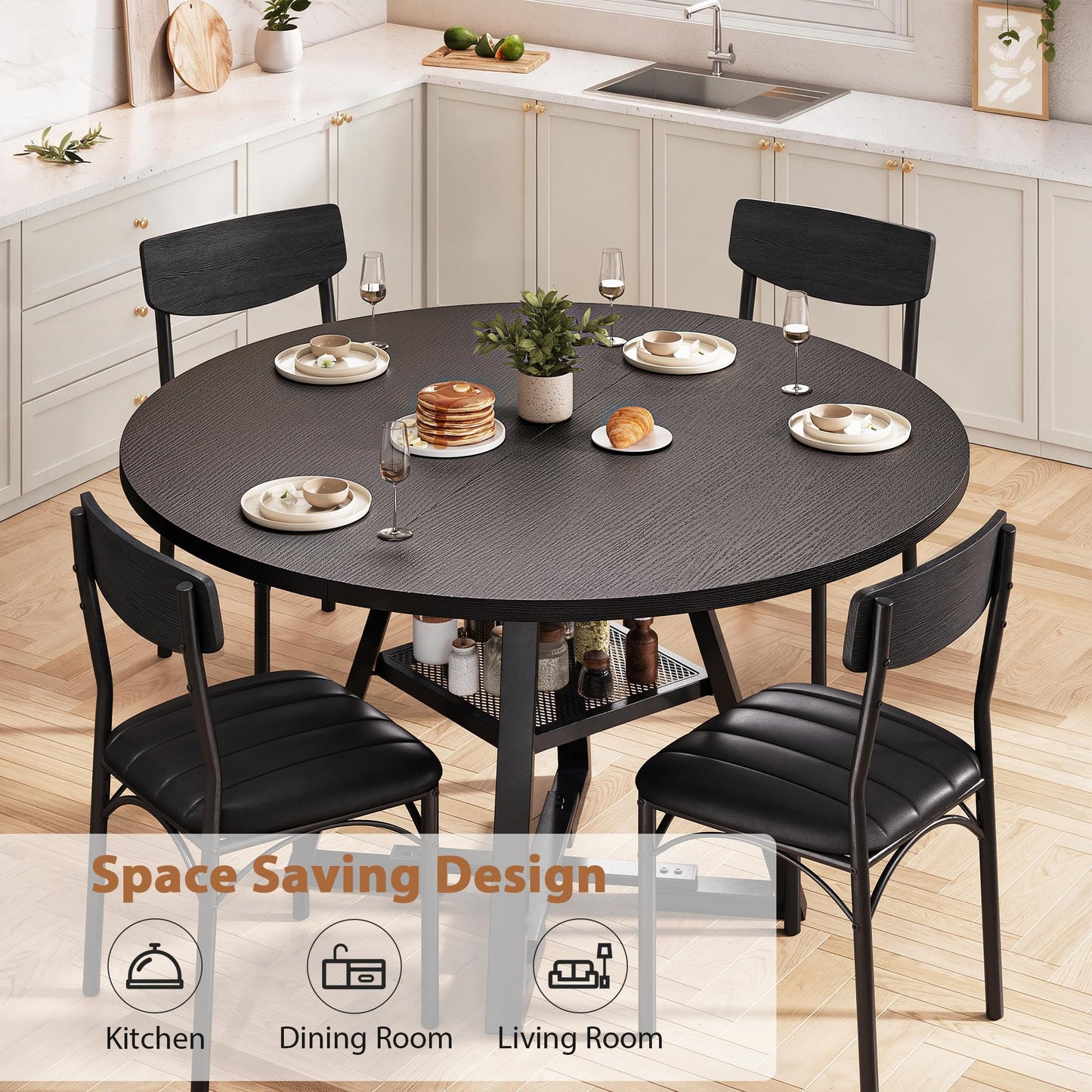Jocoevol Round Dining Table and 4 Chairs Set of 4-6, Circle Dinner Table with Shelves, Space Saving Wood Kitchen Room Furniture (Black, 47 inch)