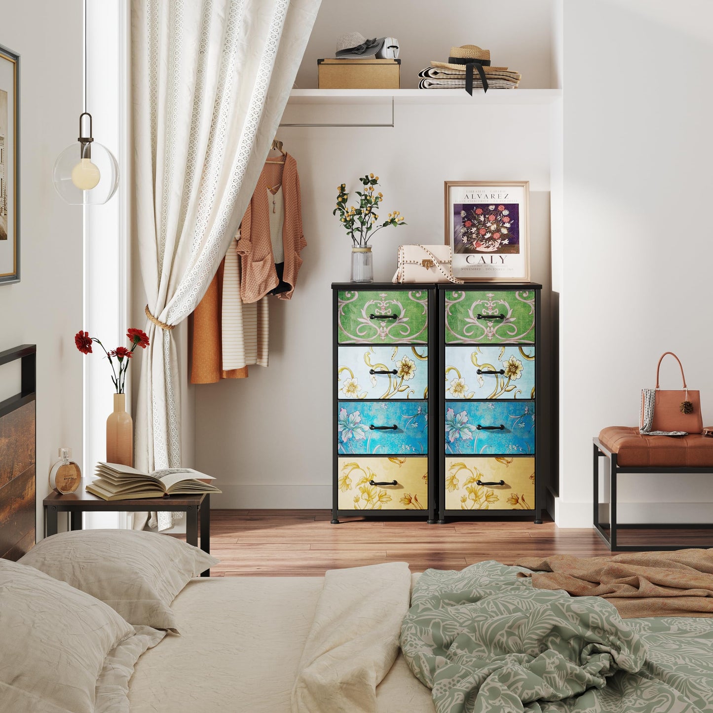 CAIYUN Chest of Drawers Bedroom with 4 Drawers and Flower Printing, Small Fabric Dressers, Dresser for Entryway Hallway Living Room, Closet Storage