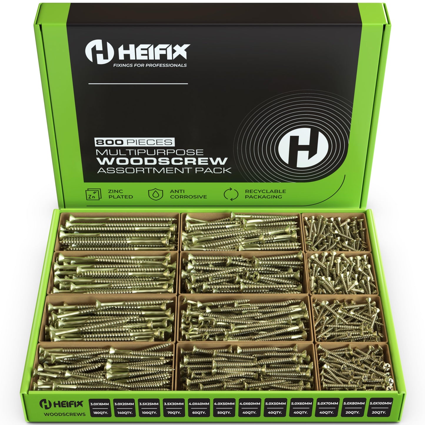 Heifix 800-Piece Wood Screw Assortment Set In Eco Storage Box - FREE Screw Bit Included - Double Countersunk, Pozi, Heavy Duty - For DIY, Floorboard,