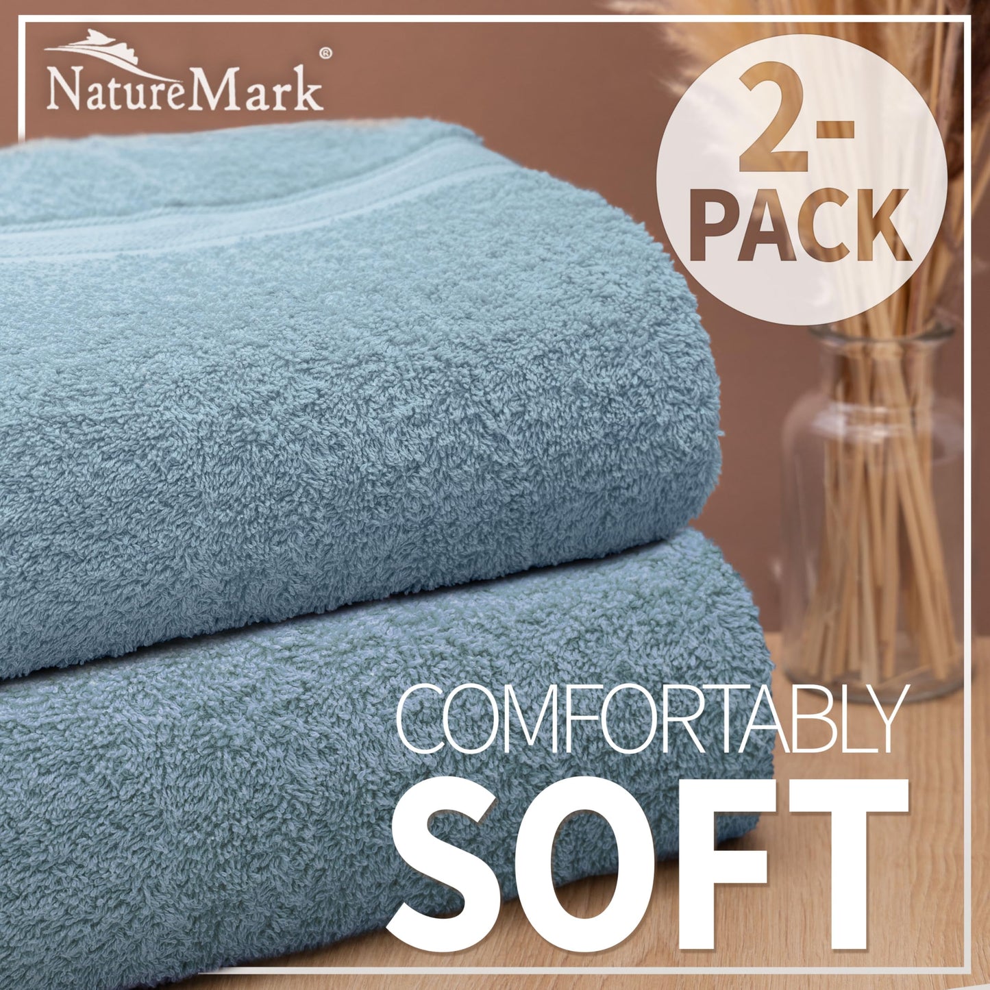 NatureMark Pack of 2 Bath Towels - 100% Cotton, 500 g/m² - Soft, Absorbent & Durable - For Home, Sauna & Travel - 70 x 140 cm, Light Blue
