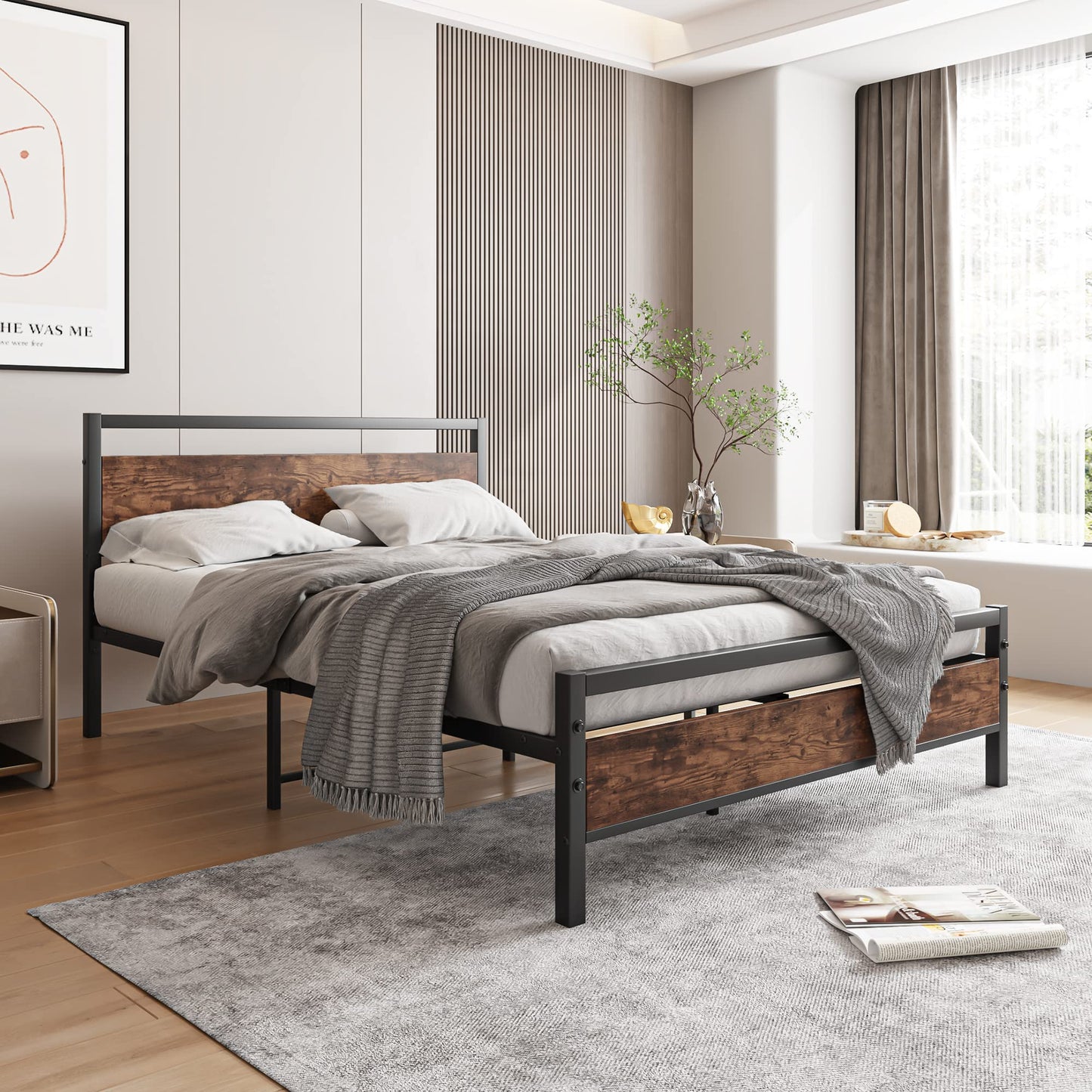 HOJINLINERO Double Bed Frame with Wooden Headboard,Heavy Duty Metal Platform Bed Frame Double Bed No Box Spring Needed,Mattress Base,Metal Slats
