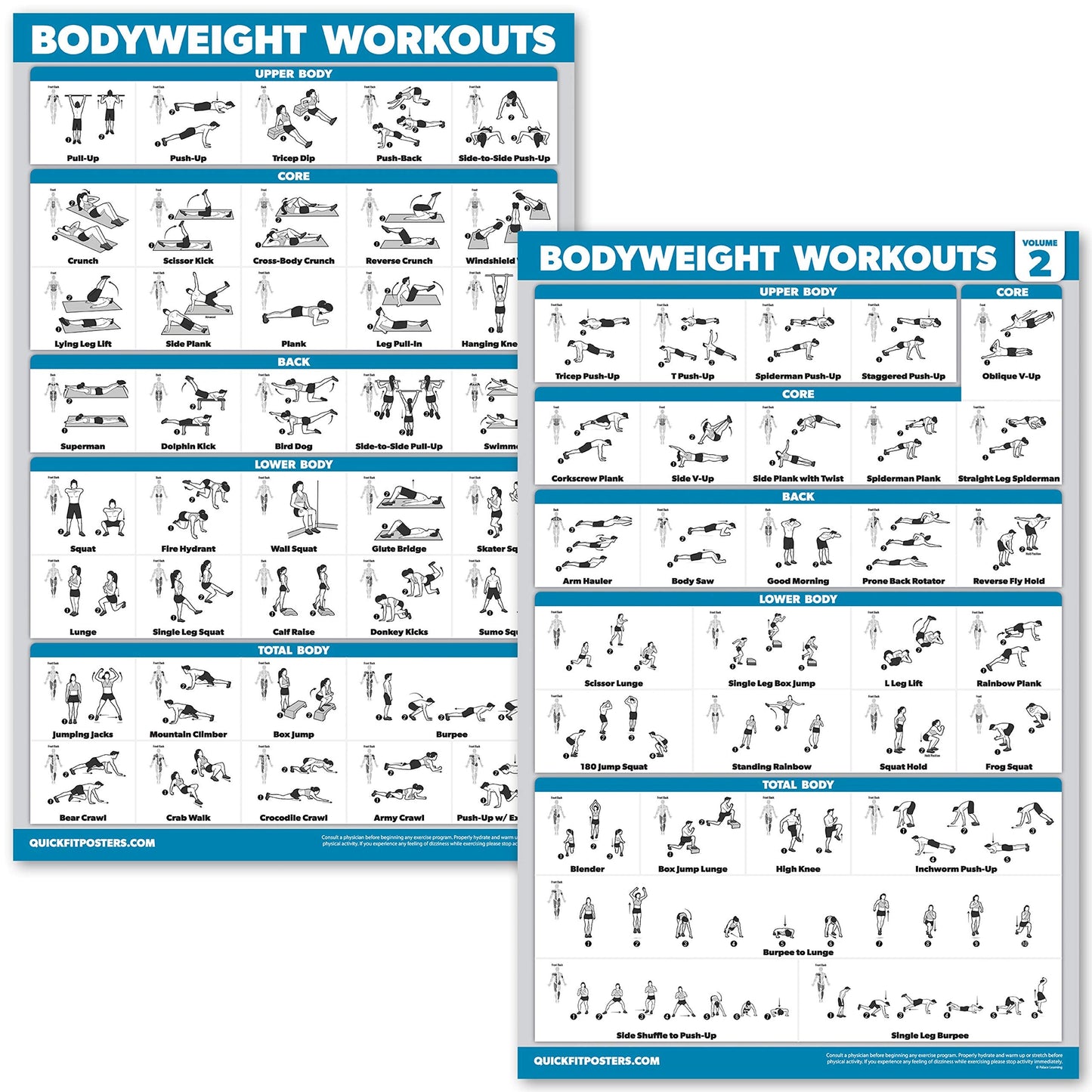 QUICKFIT 10 Pack - Exercise Workout Poster Set - Bodyweight Volume 1 & 2, Dumbbell, Suspension, Kettlebell, Resistance Bands, Stretching, Barbell,