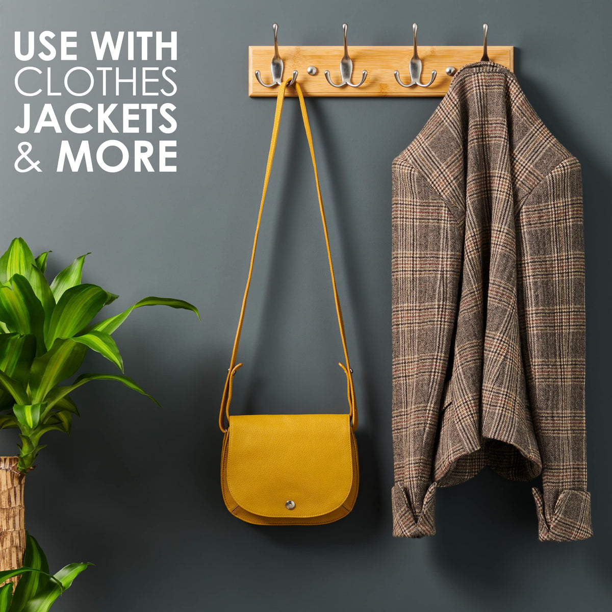 LARHN Wooden Wall-Mounted Coat Rack, 2-Pack - 4 Matt-Nickel Hooks, 42cm