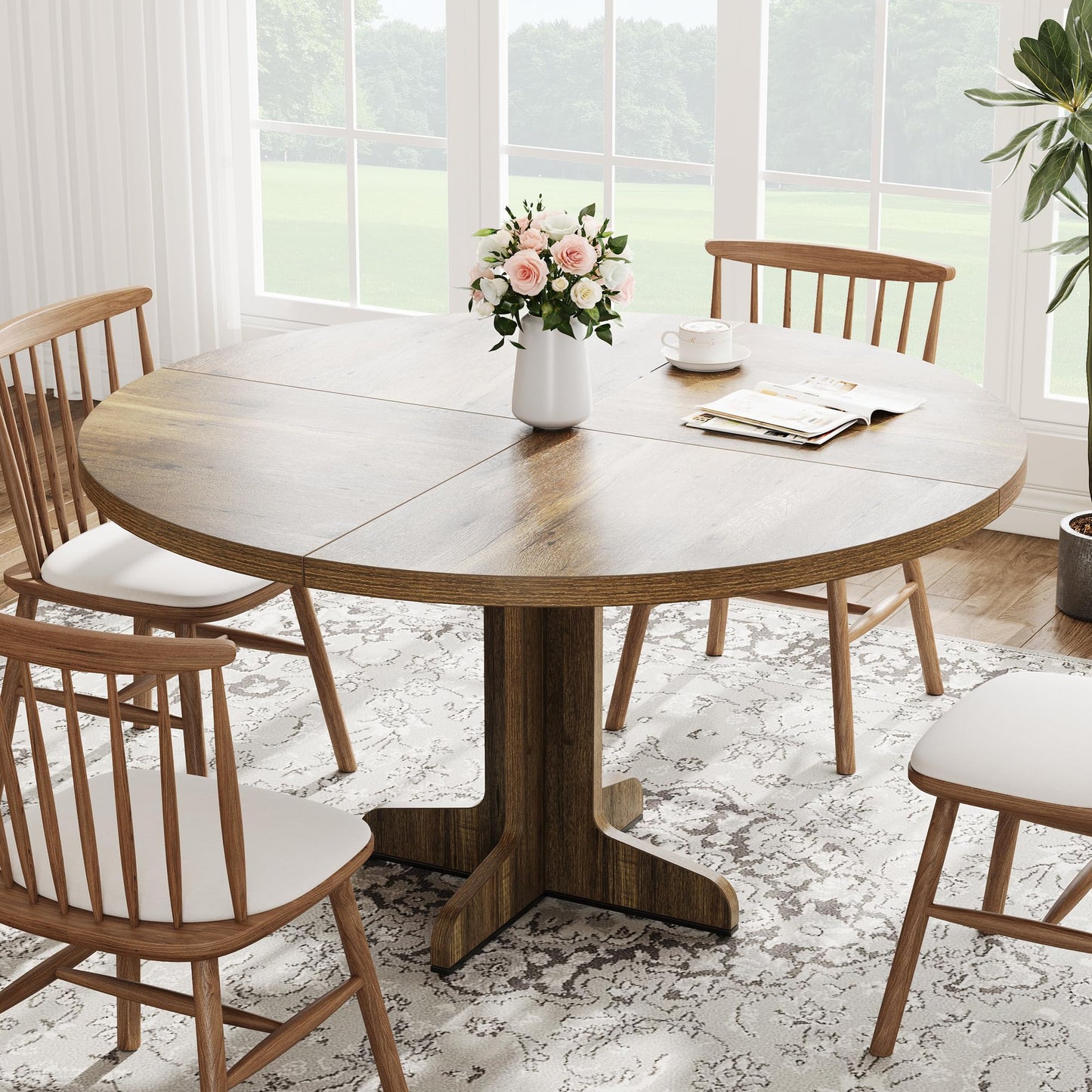 Crevyteg 47.2in Round Dining Table for 4-6 People, Farmhouse Kitchen Table with Wooden Tabletop and Legs