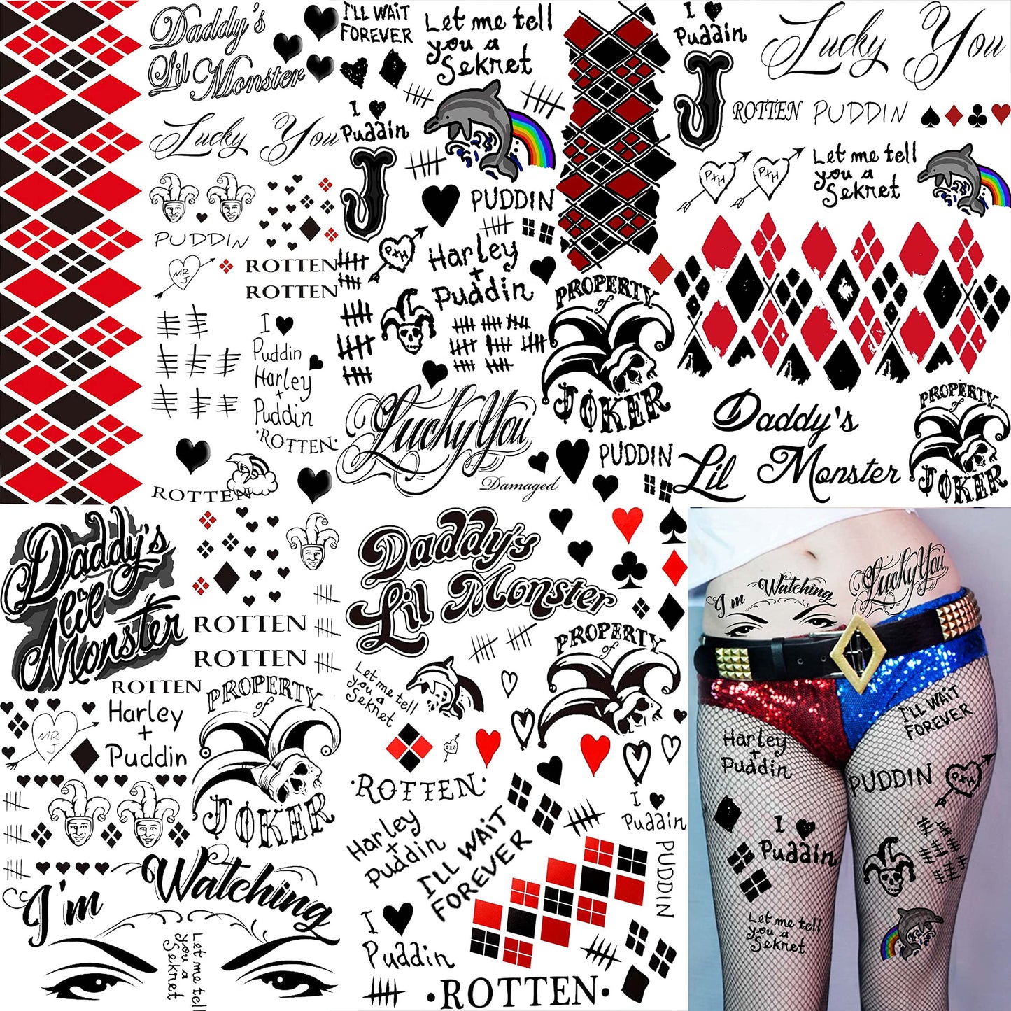 LAROI 5 Sheets 3D HQ Temporary Tattoos For Women Men Adults Halloween Makeup Kit, Realisic Fake Joker Tattoo Stickers, DIY Clown Prison Prisoner