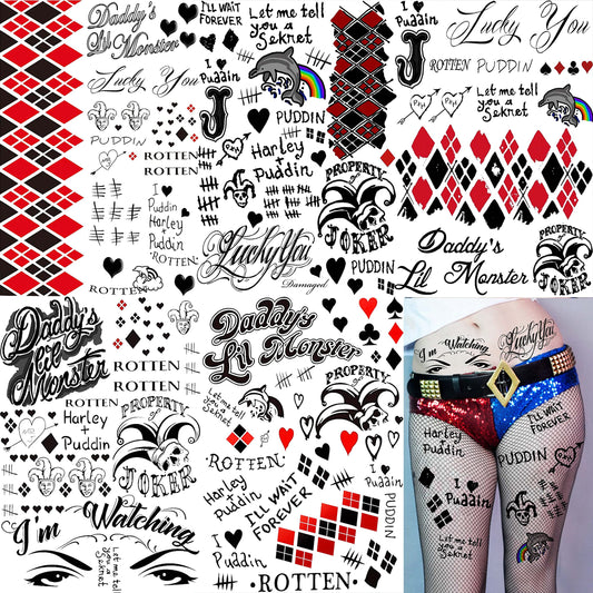 LAROI 5 Sheets 3D HQ Temporary Tattoos For Women Men Adults Halloween Makeup Kit, Realisic Fake Joker Tattoo Stickers, DIY Clown Prison Prisoner