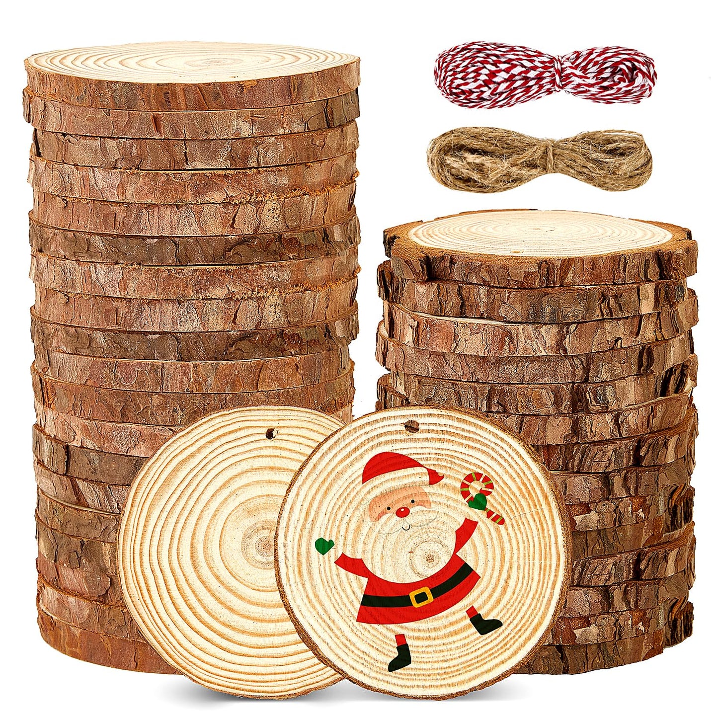 Hafuvool Wood Slices for Crafts 35Pcs 9-10cm Log Slices Unfinished Predrilled Wooden Discs with Twine, Wood kit Wooden Circles Slices for DIY