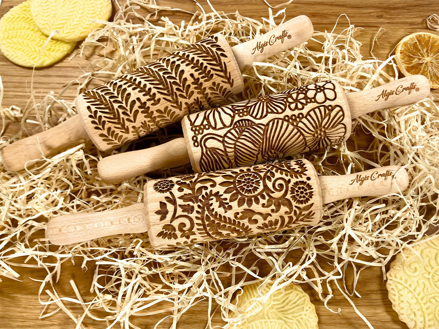 FLORAL 3 Small Textured Rolling Pinset. Wooden laser engraved embossing dough roller for embossed cookies gift for birthday, Easter, Christmas by
