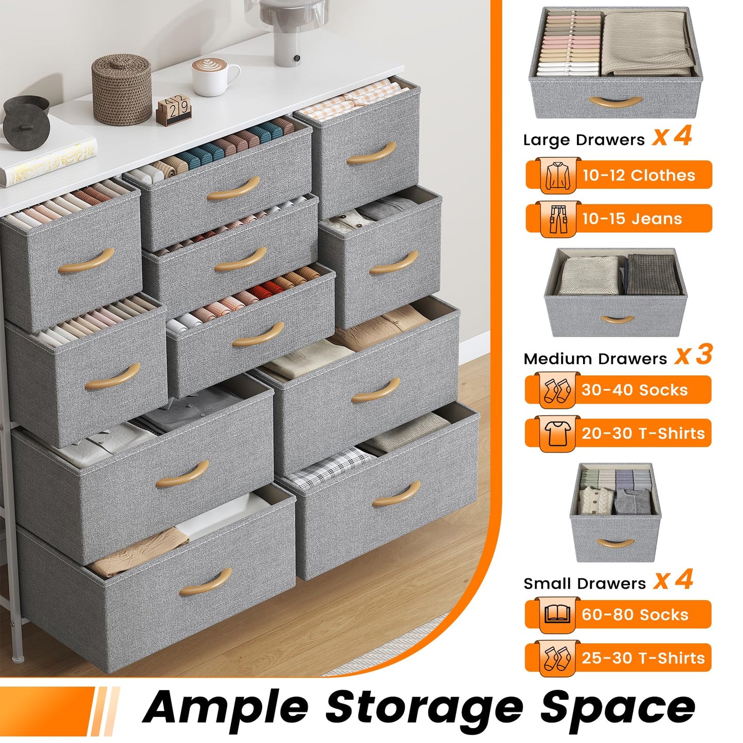 Feonase Chest of Drawers,Bedroom Tall Dresser with 11 Fabric Drawers, Metal Frame & MDF Wood Top, Adjustable Feet, Storage Organizer Unit for Bedroom