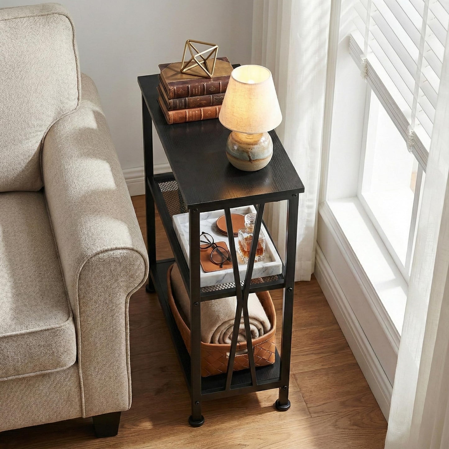 Narrow Side Table,3-Tier End Table With Storage Shelves,Small Hallway Table, Industrial Accent Table With Metal Frame Slim Nightstand Sofa Side Table