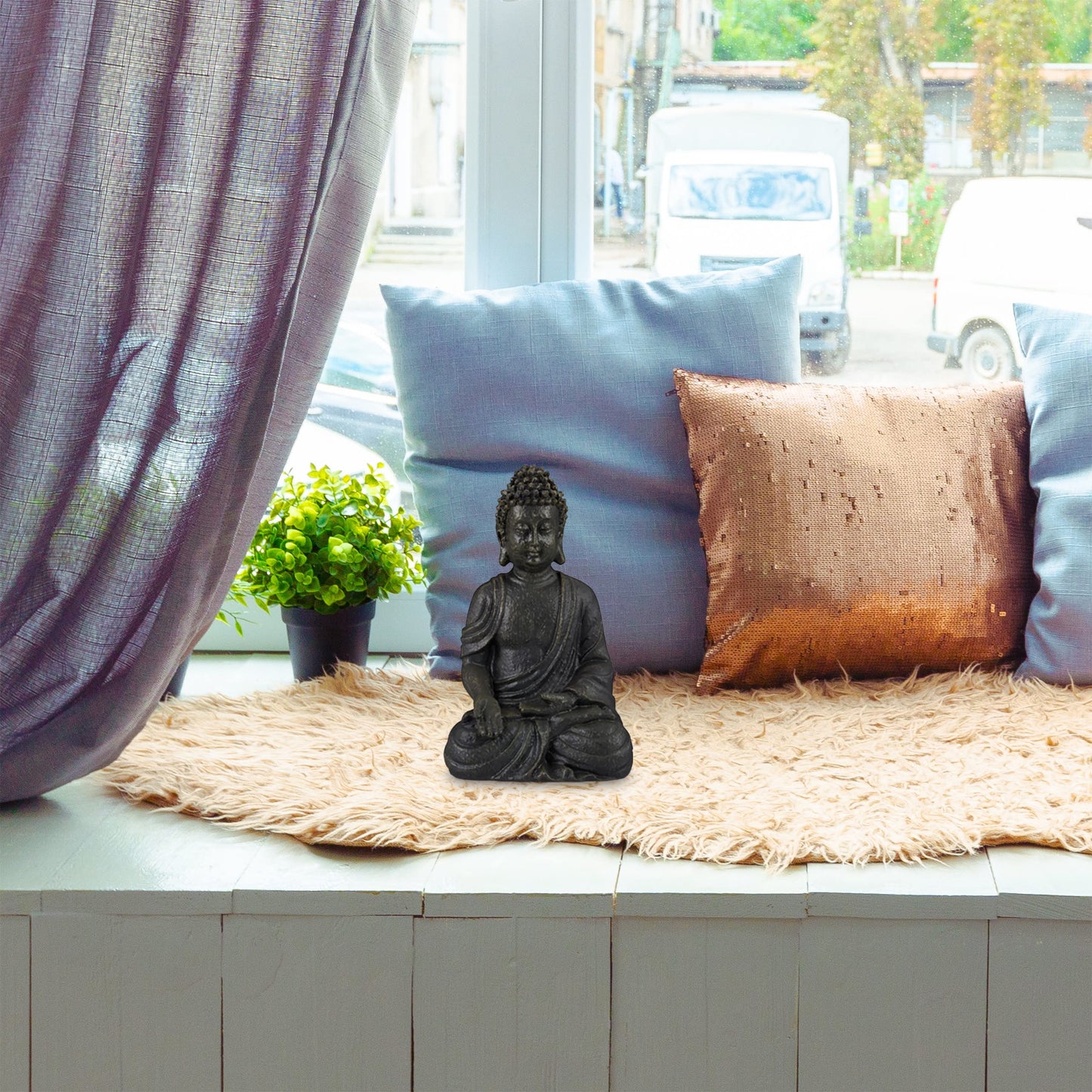 Relaxdays Buddha Ornament Sitting 30 cm high, Garden Decorative Figurine Weatherproof, Frost-proof, Dark Grey, Polyresin