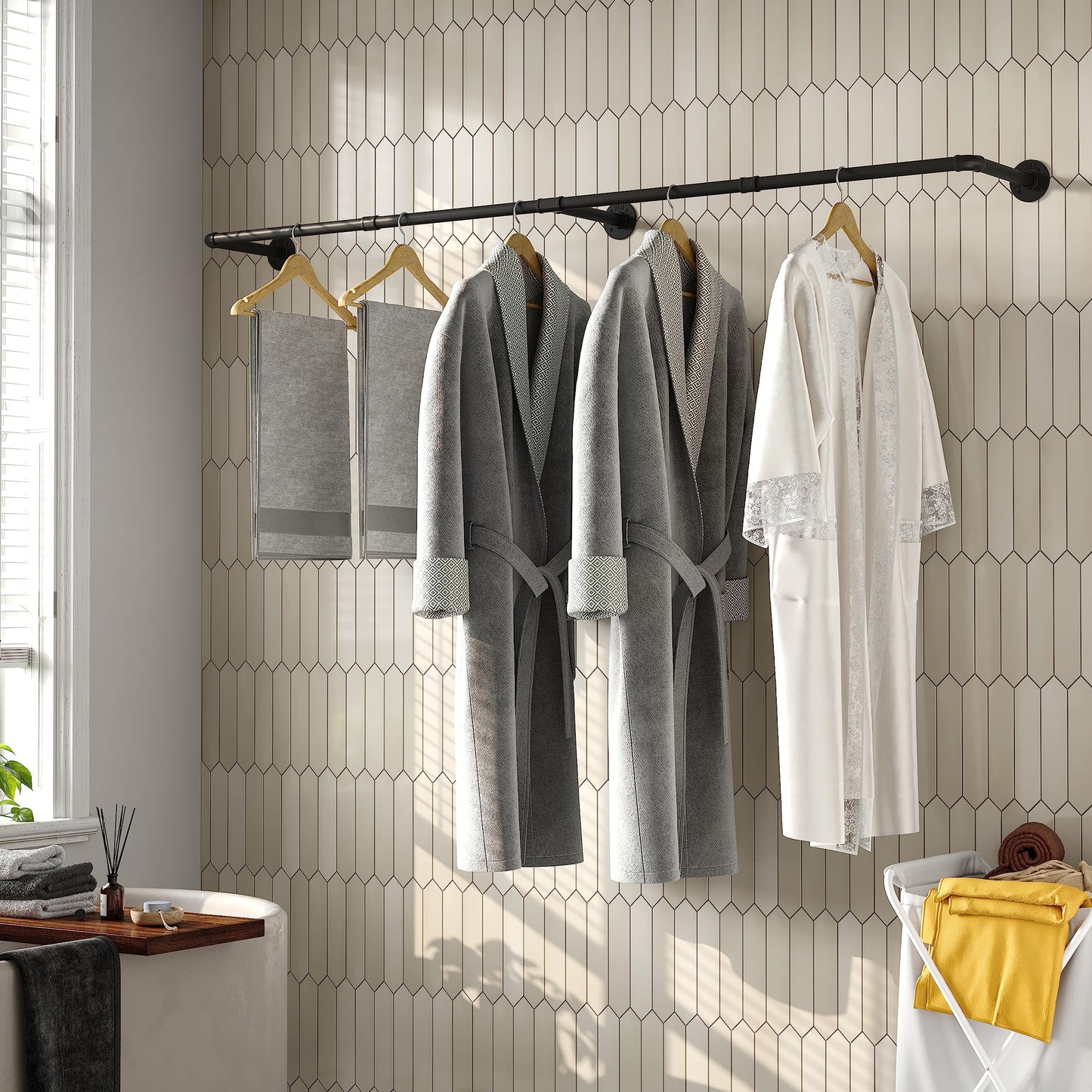 Crehomfy Industrial Pipe Clothes Rack with 3 Hooks, 72’'L Wall Mounted Garment Rack, Heavy Duty Iron Garment Bar