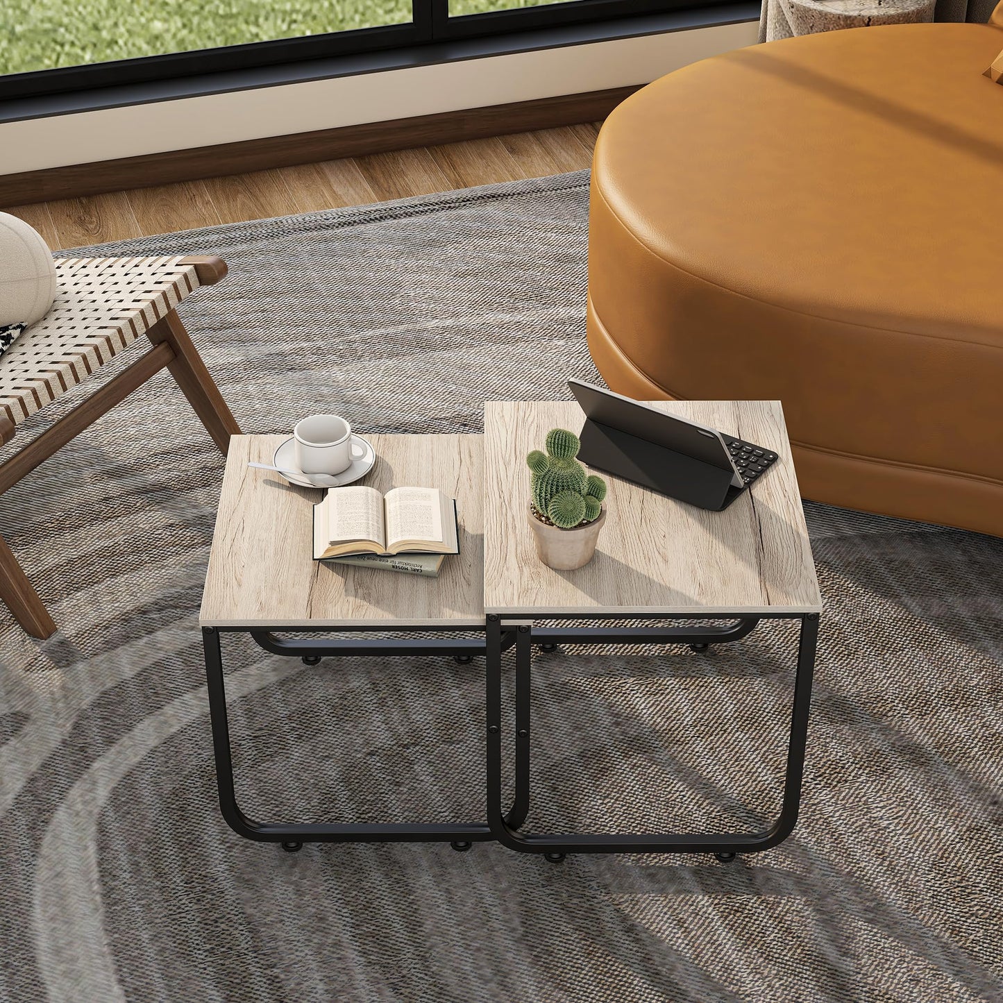 FOUBAM End Tables Set of 2 for Living Room,Small Coffee Table,Nesting Tables Couch Sofa Side Tables Metal Frame/Wood Look for Bedroom Office,Sturdy