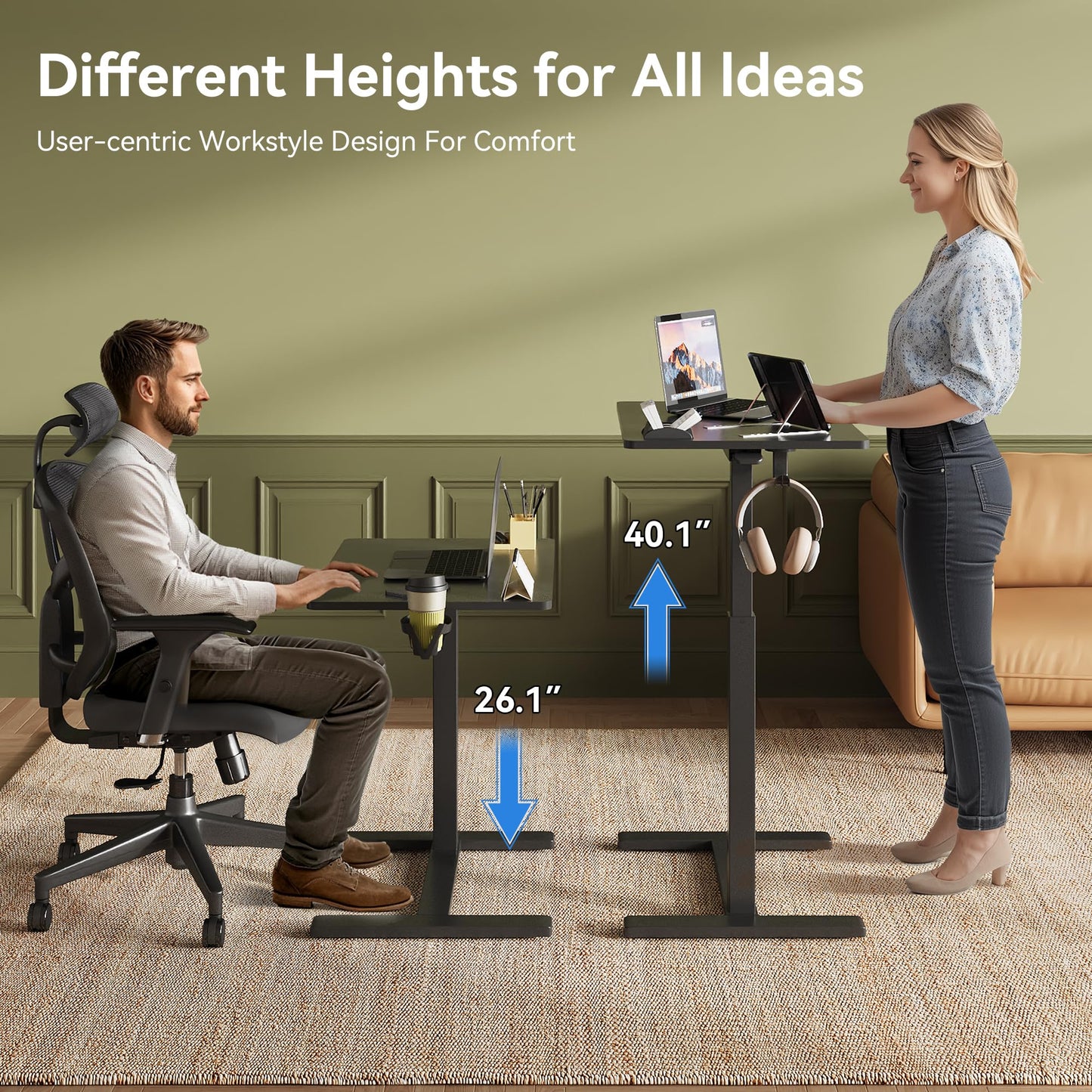 Gamork Mobile Standing Desk on Wheels, Pneumatic Height Adjustable, Black
